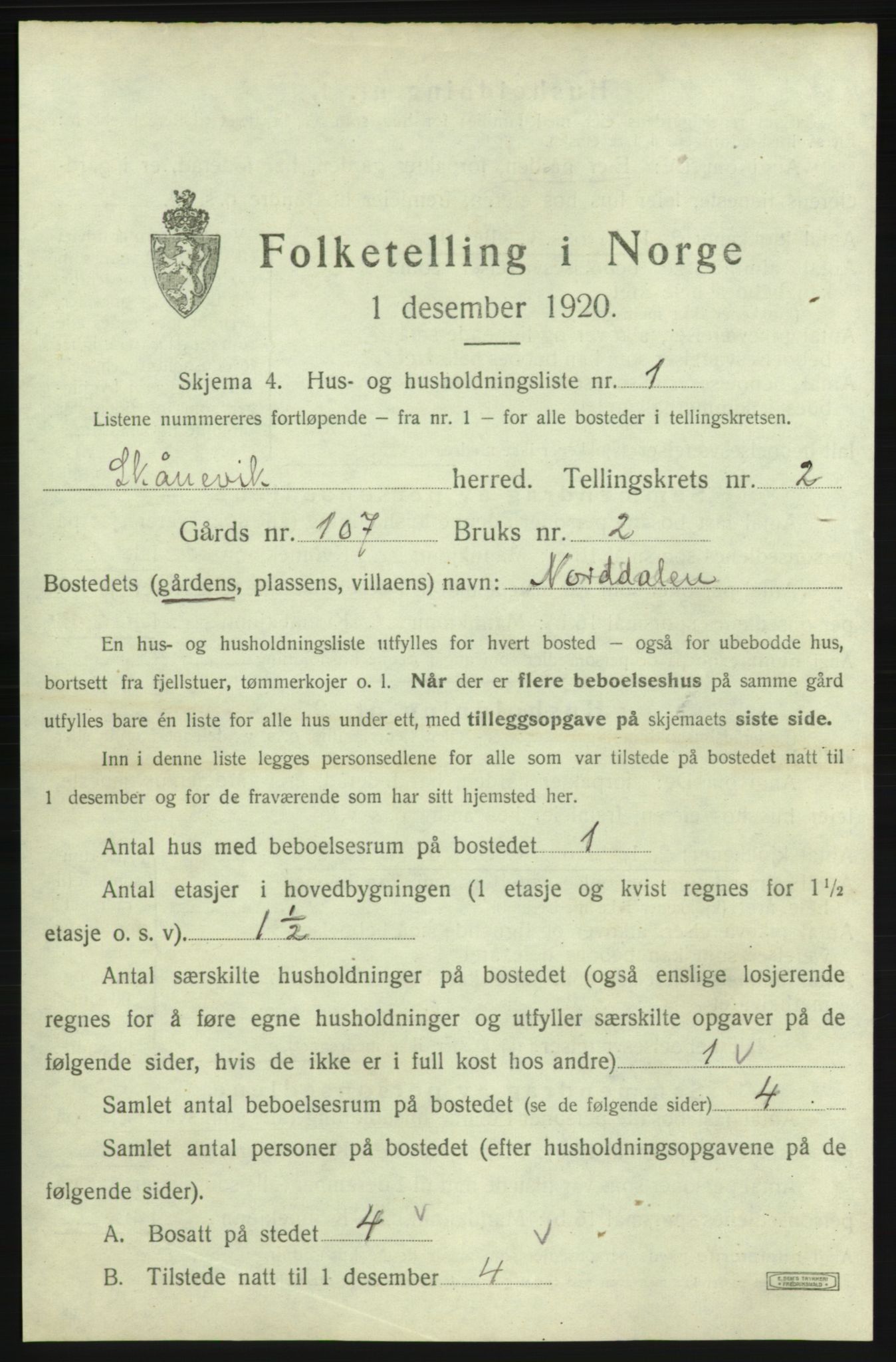 SAB, Folketelling 1920 for 1212 Skånevik herred, 1920, s. 174