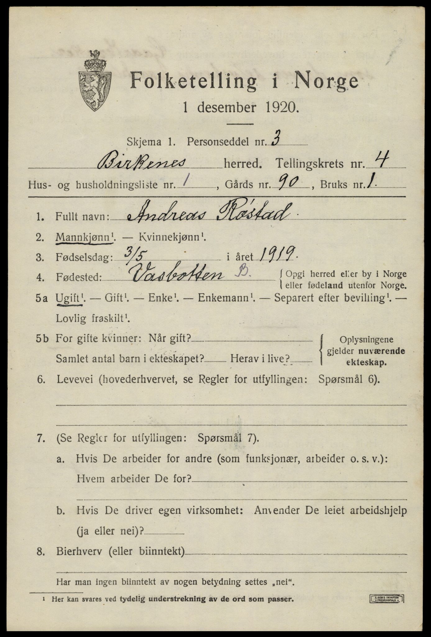 SAK, Folketelling 1920 for 0928 Birkenes herred, 1920, s. 1767