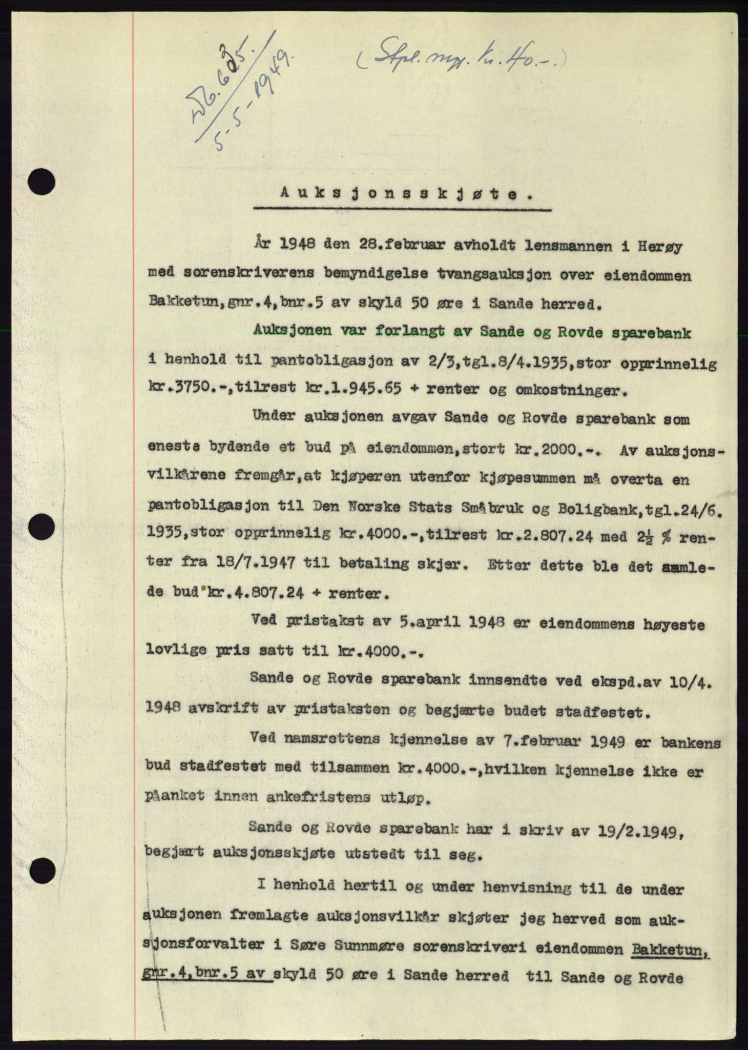 Søre Sunnmøre sorenskriveri, SAT/A-4122/1/2/2C/L0084: Pantebok nr. 10A, 1949-1949, Dagboknr: 635/1949