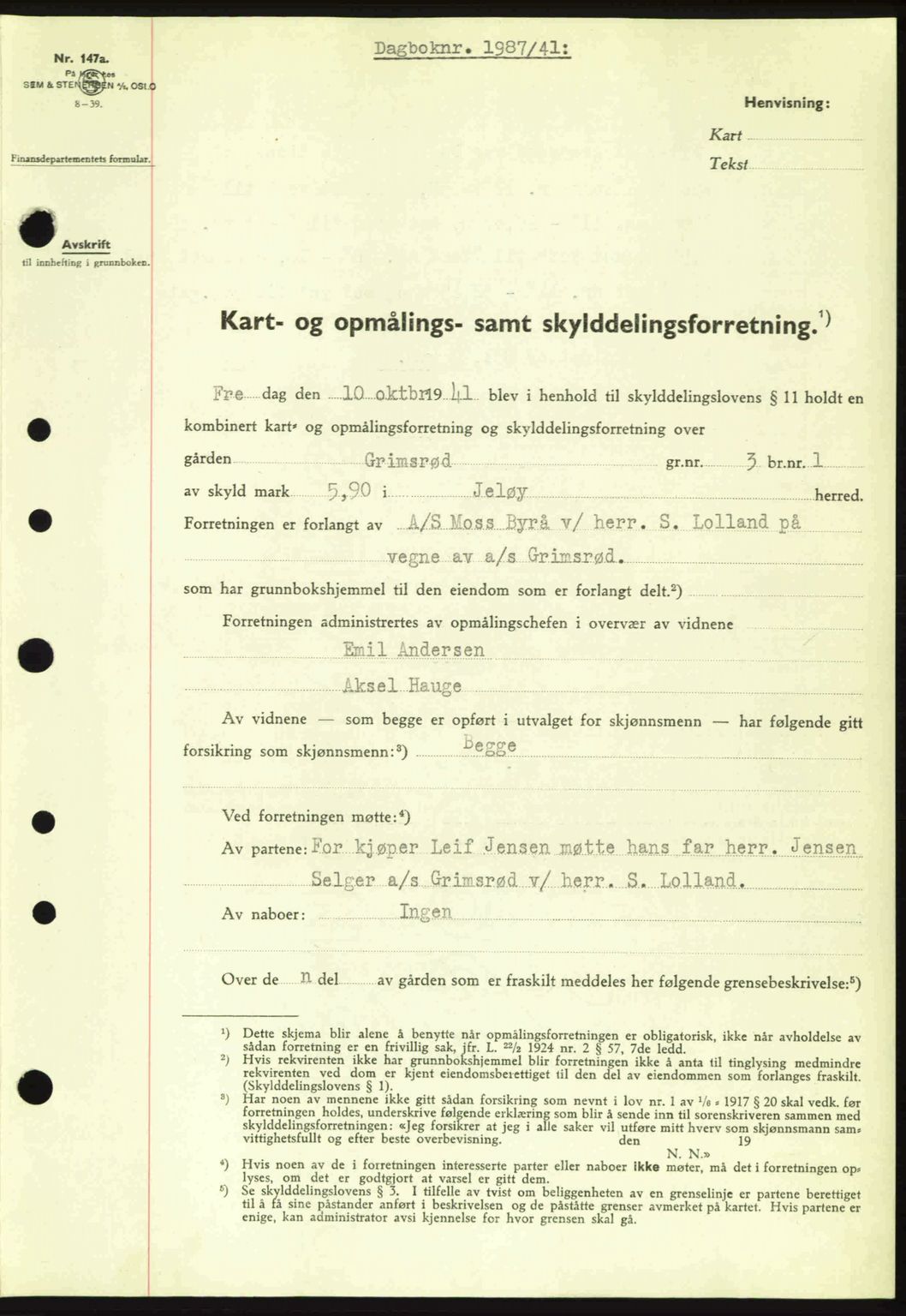Moss sorenskriveri, SAO/A-10168: Pantebok nr. A9, 1941-1942, Dagboknr: 1987/1941