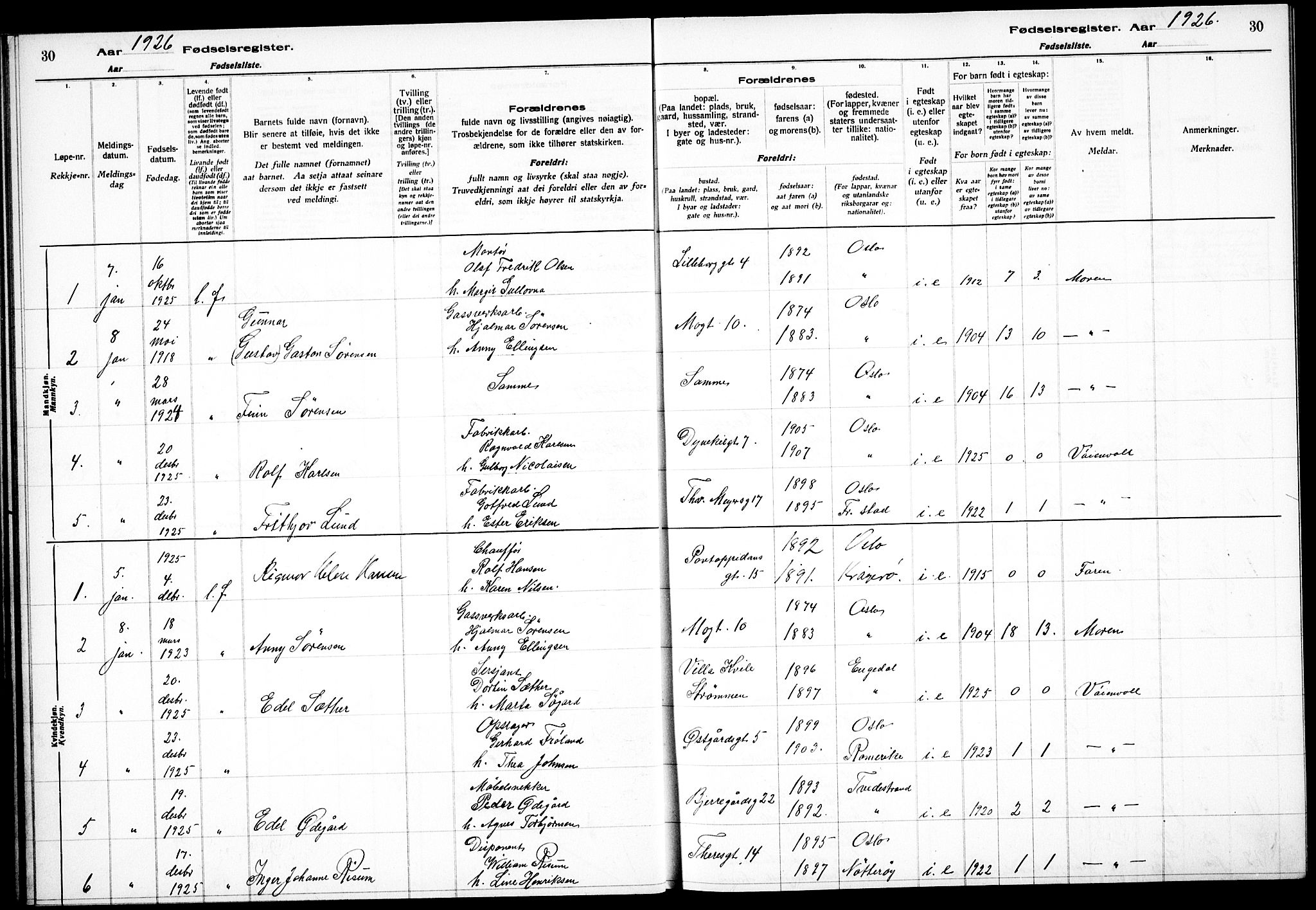 Sagene prestekontor Kirkebøker, SAO/A-10796/J/L0004: Fødselsregister nr. 4, 1925-1928, s. 30