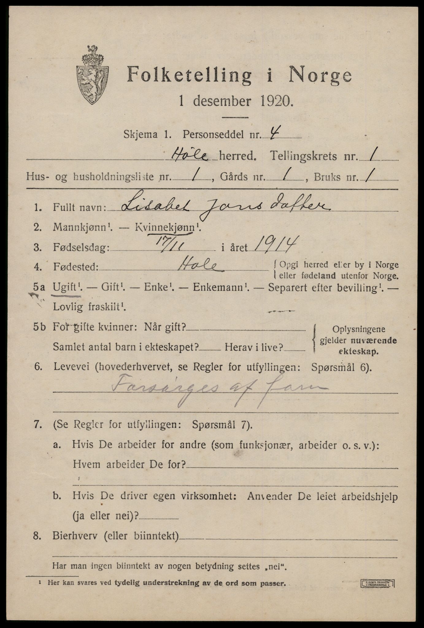 SAST, Folketelling 1920 for 1128 Høle herred, 1920, s. 529