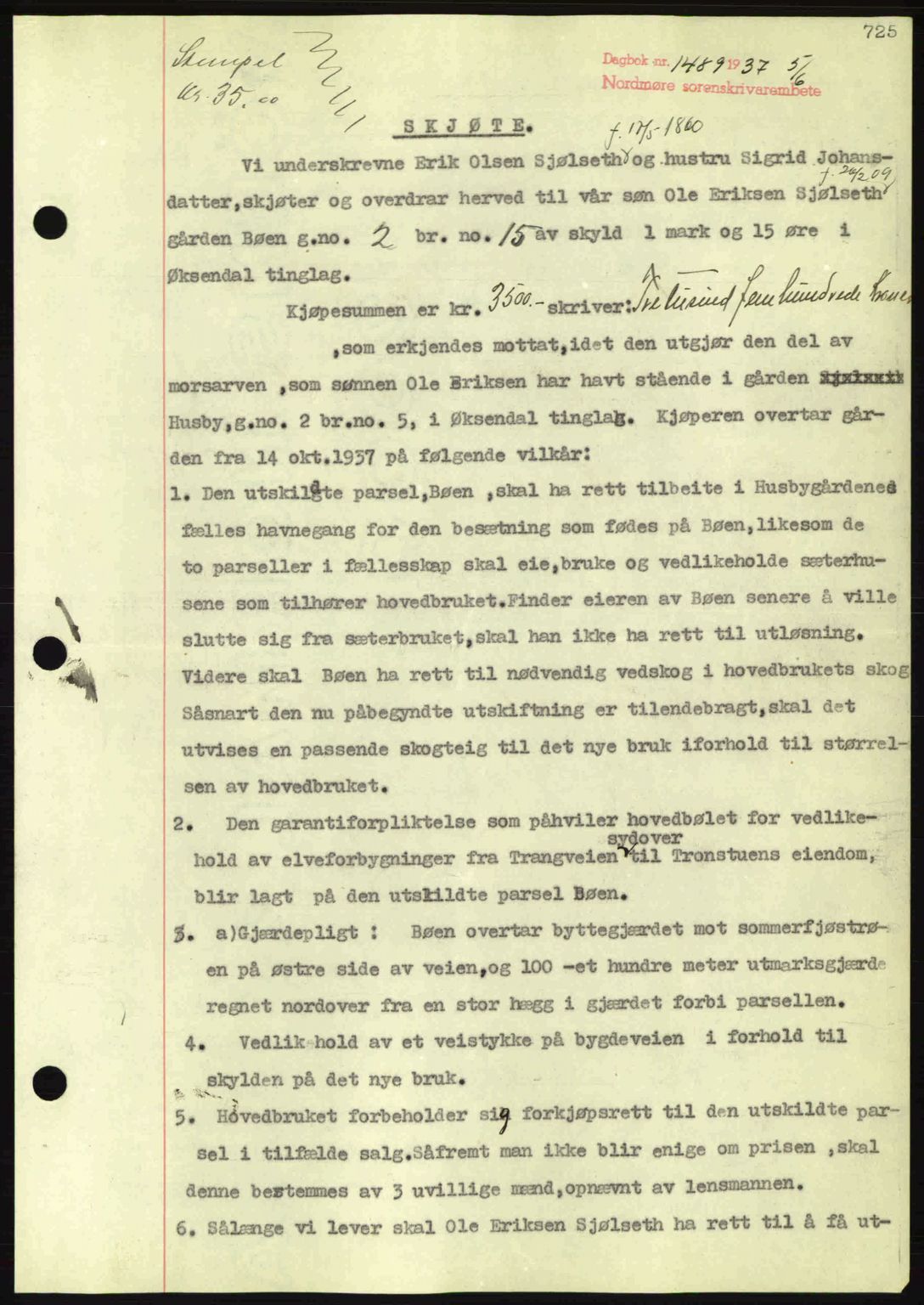 Nordmøre sorenskriveri, SAT/A-4132/1/2/2Ca: Pantebok nr. A81, 1937-1937, Dagboknr: 1489/1937