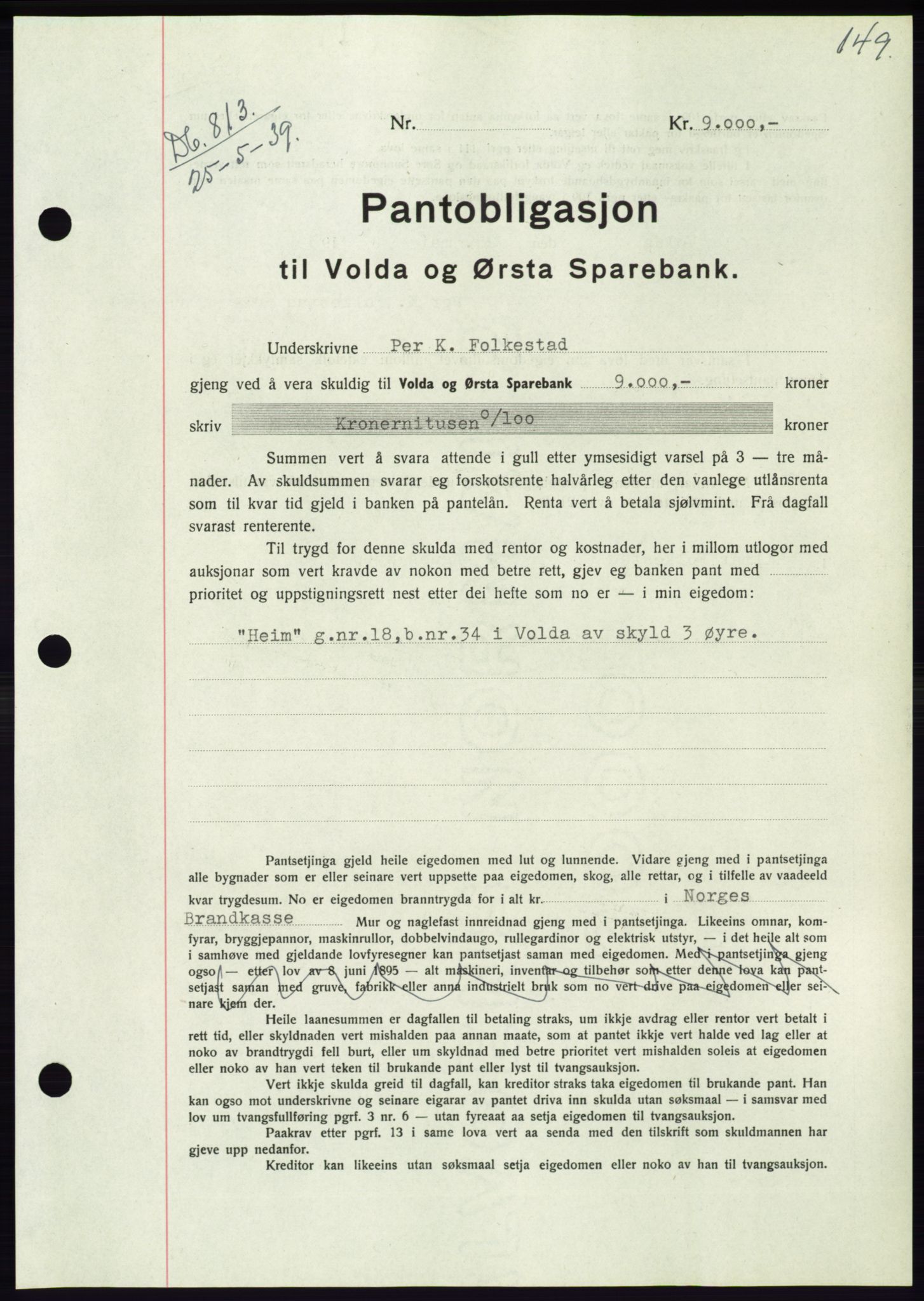 Søre Sunnmøre sorenskriveri, AV/SAT-A-4122/1/2/2C/L0068: Pantebok nr. 62, 1939-1939, Dagboknr: 813/1939