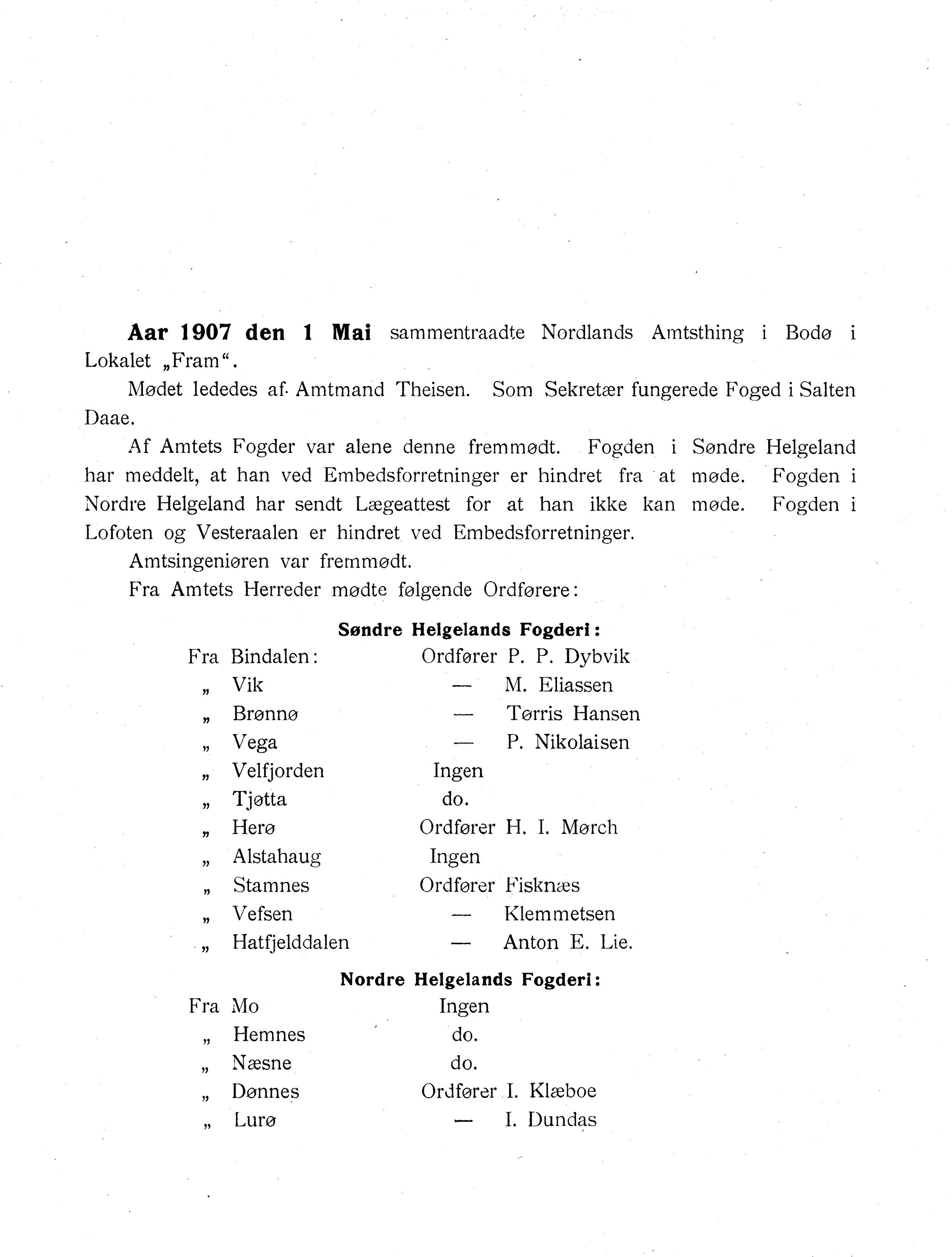 Nordland Fylkeskommune. Fylkestinget, AIN/NFK-17/176/A/Ac/L0030: Fylkestingsforhandlinger 1907, 1907