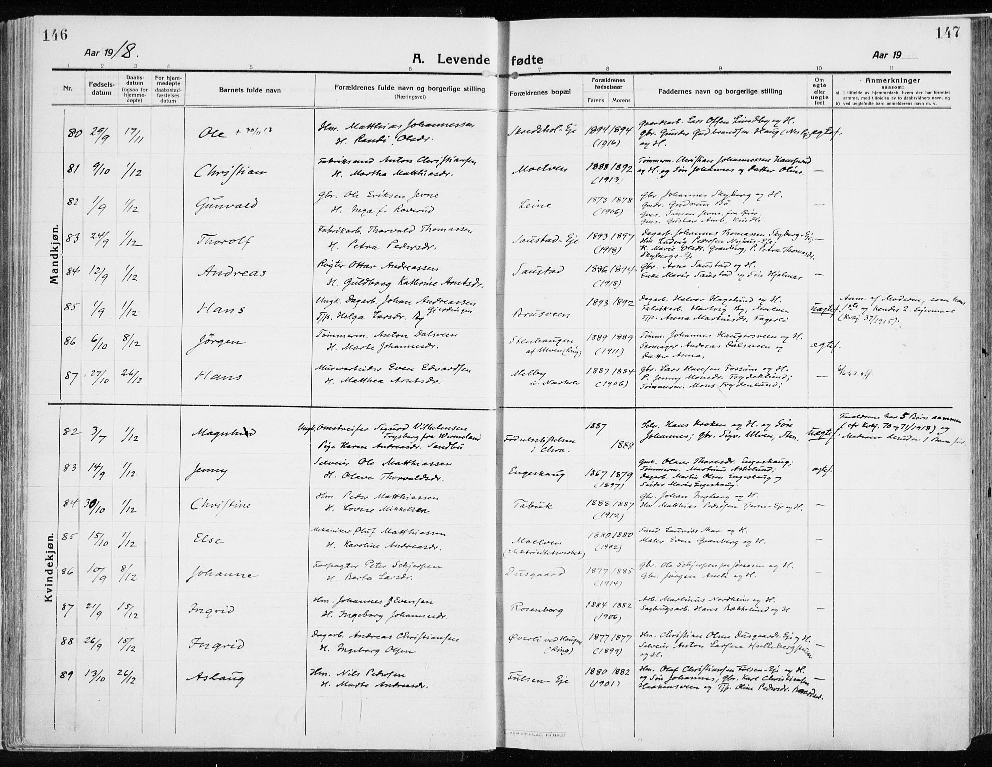 Ringsaker prestekontor, AV/SAH-PREST-014/K/Ka/L0020: Ministerialbok nr. 20, 1913-1922, s. 146-147