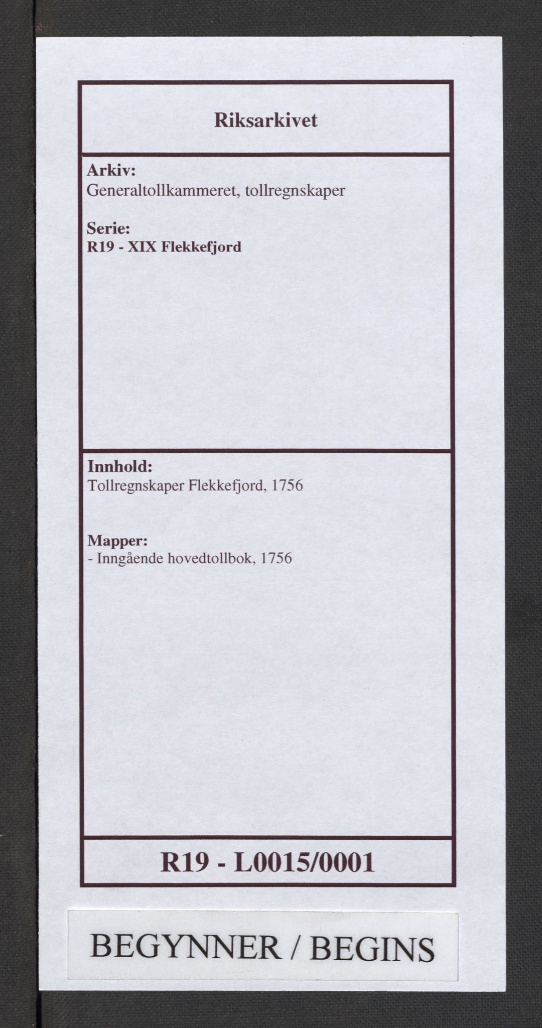 Generaltollkammeret, tollregnskaper, RA/EA-5490/R19/L0015/0001: Tollregnskaper Flekkefjord / Inngående hovedtollbok, 1756