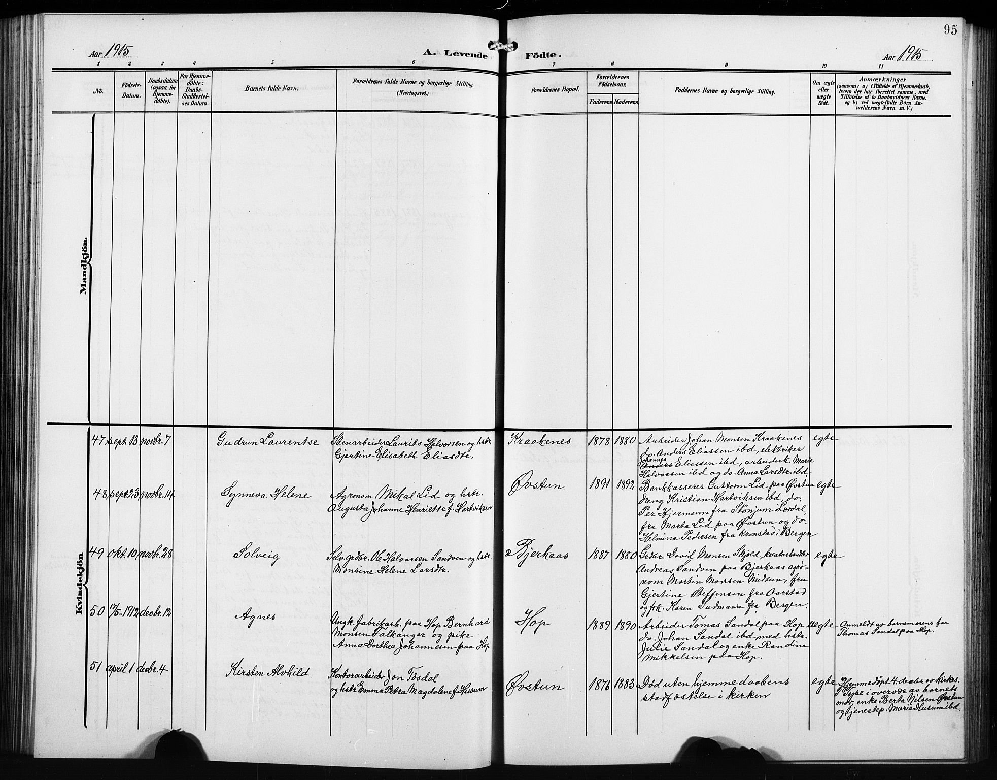 Birkeland Sokneprestembete, AV/SAB-A-74601/H/Hab: Klokkerbok nr. A 6, 1906-1915, s. 95