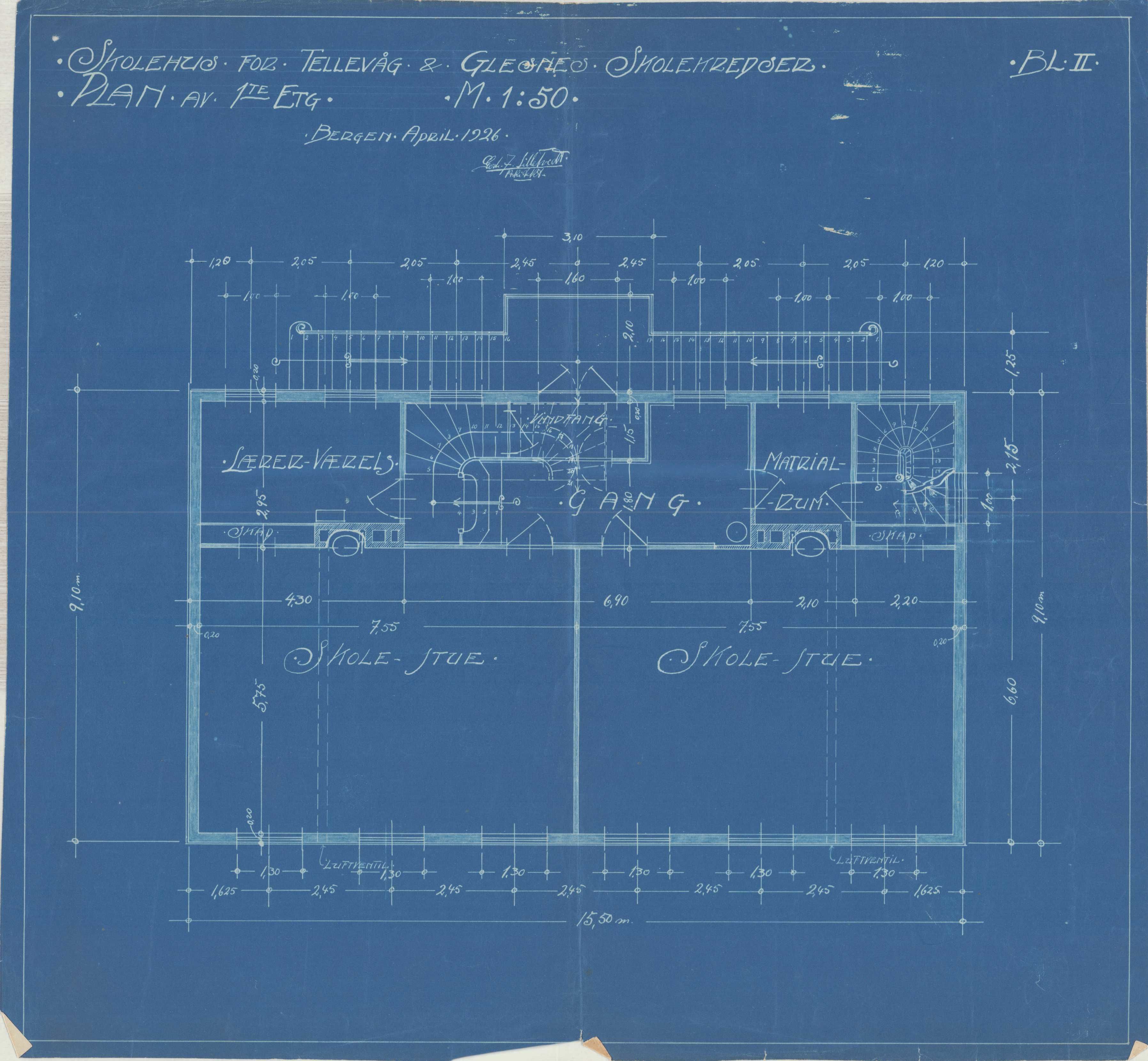 Sund kommune. Formannskapet, IKAH/1245-021/T/Ta/L0001/0006: Teikningar / Televåg og Glesnes skule, 1926