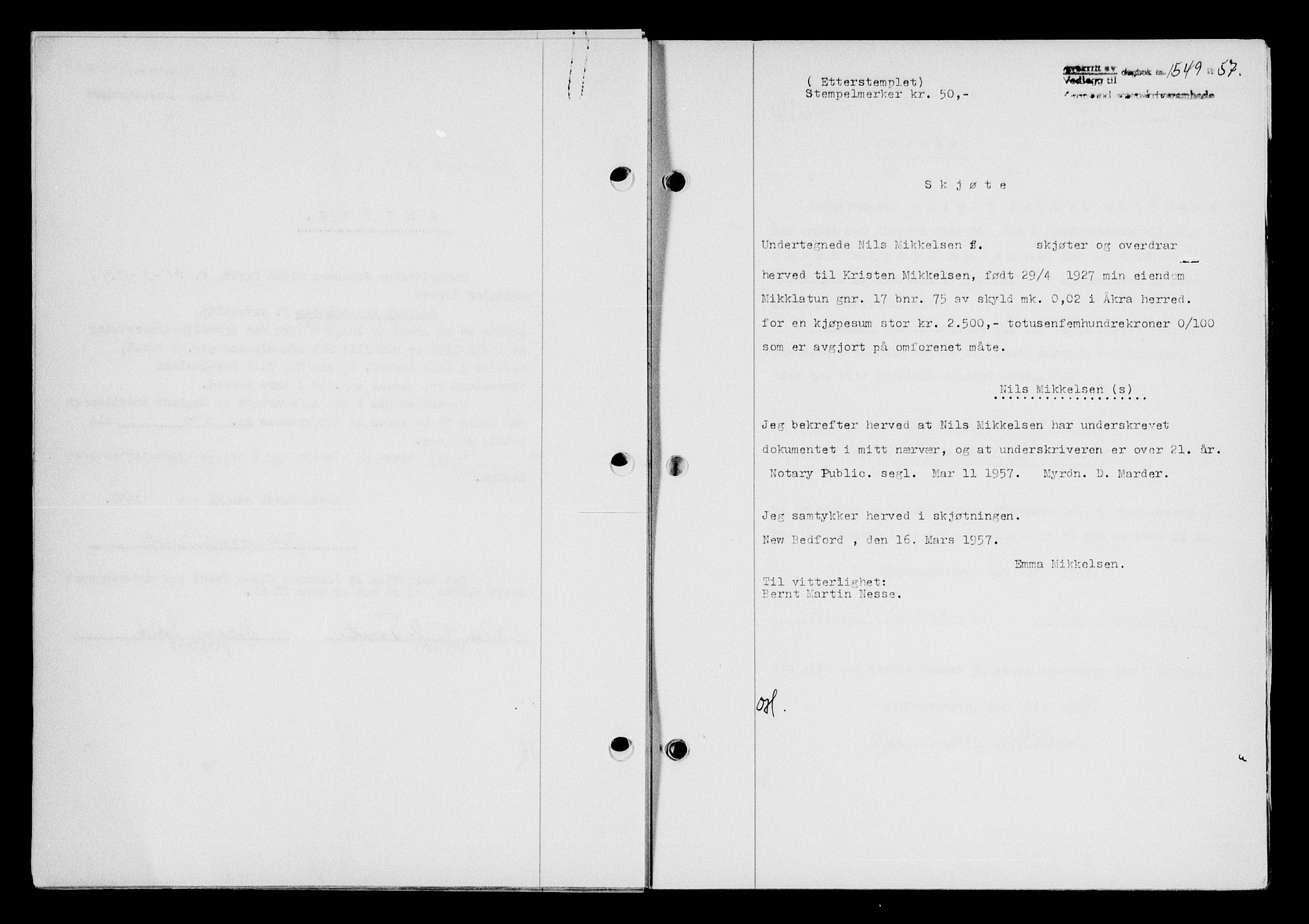 Karmsund sorenskriveri, SAST/A-100311/01/II/IIB/L0125: Pantebok nr. 105A, 1957-1957, Dagboknr: 1549/1957