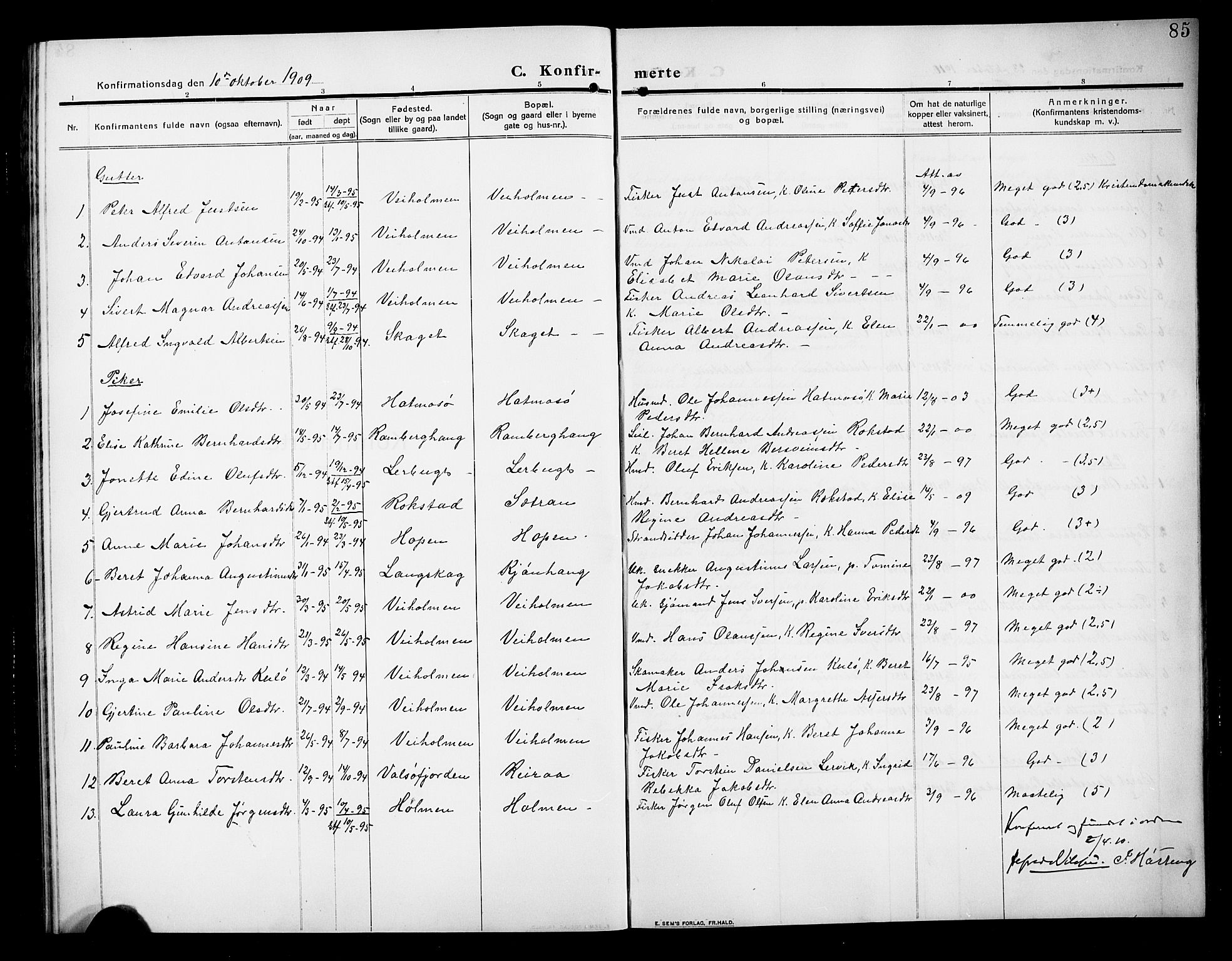 Ministerialprotokoller, klokkerbøker og fødselsregistre - Møre og Romsdal, AV/SAT-A-1454/583/L0956: Klokkerbok nr. 583C01, 1909-1925, s. 85