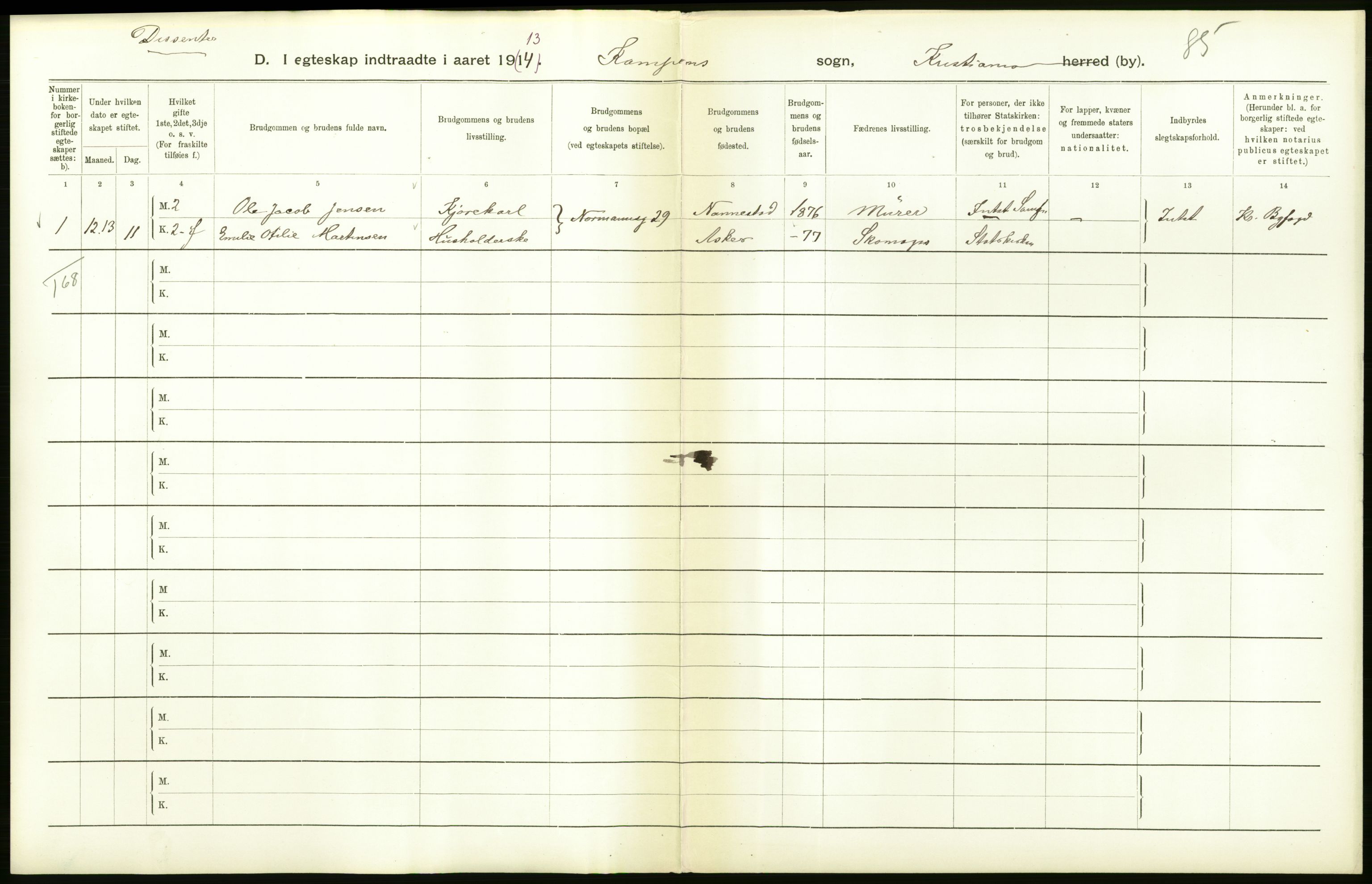 Statistisk sentralbyrå, Sosiodemografiske emner, Befolkning, AV/RA-S-2228/D/Df/Dfb/Dfbc/L0008: Kristiania: Gifte., 1913, s. 2