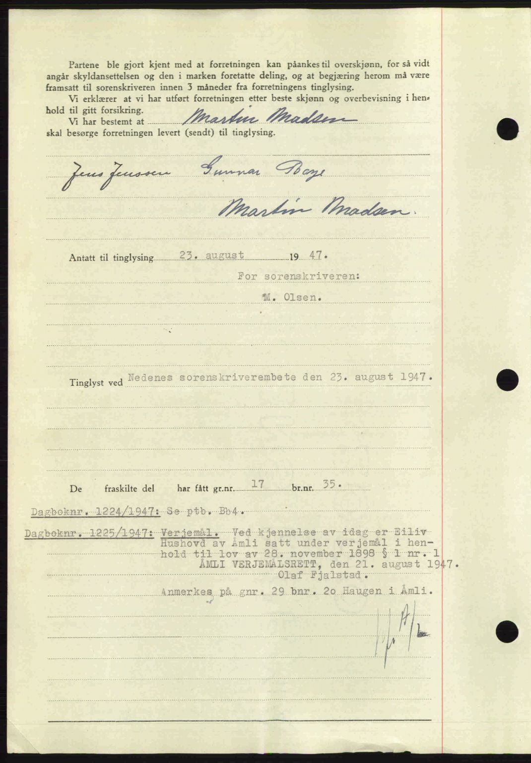 Nedenes sorenskriveri, SAK/1221-0006/G/Gb/Gba/L0057: Pantebok nr. A9, 1947-1947, Dagboknr: 1223/1947