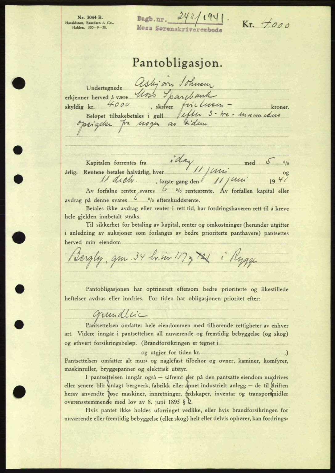 Moss sorenskriveri, SAO/A-10168: Pantebok nr. B10, 1940-1941, Dagboknr: 242/1941