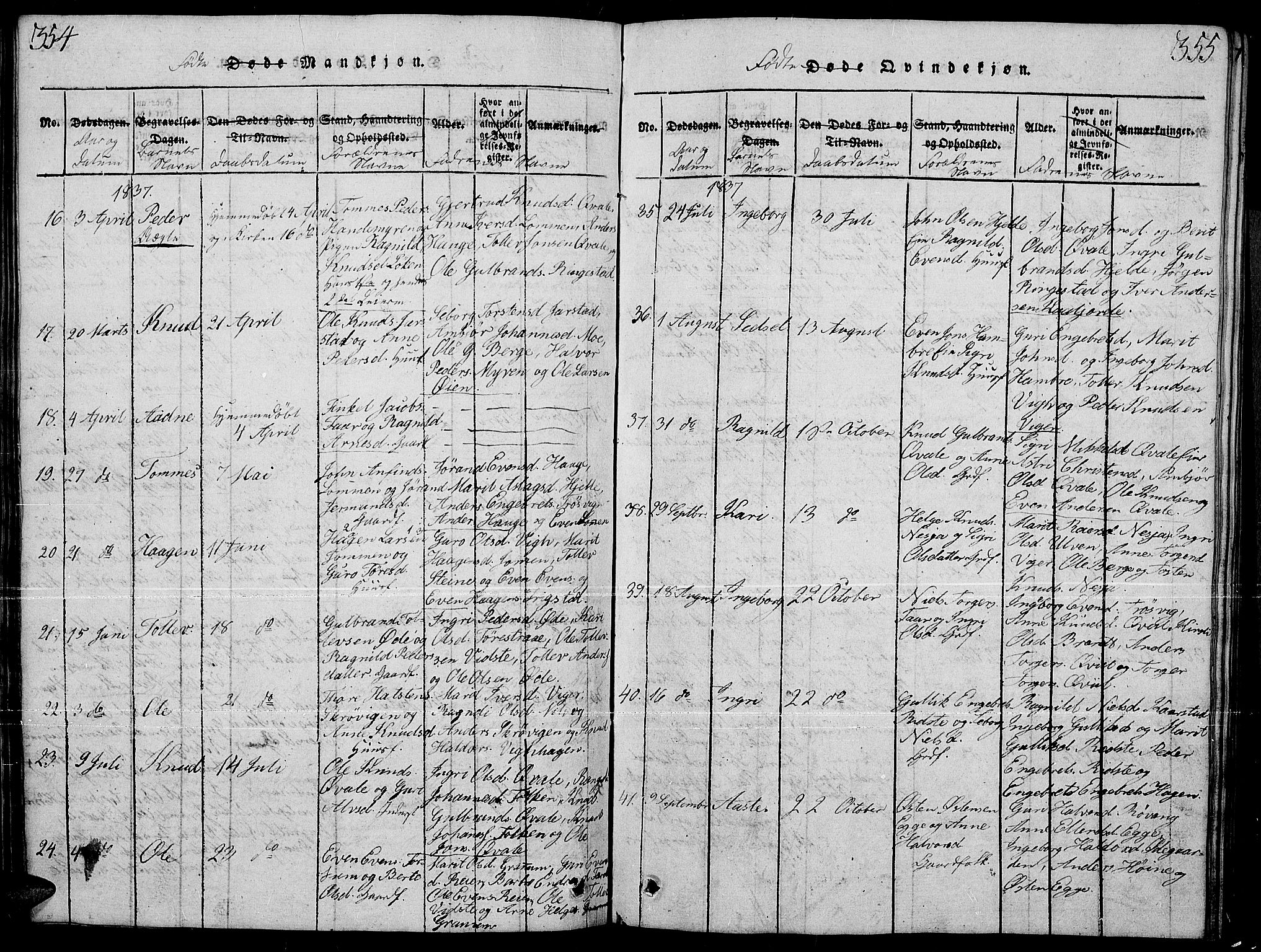 Slidre prestekontor, AV/SAH-PREST-134/H/Ha/Hab/L0001: Klokkerbok nr. 1, 1814-1838, s. 354-355