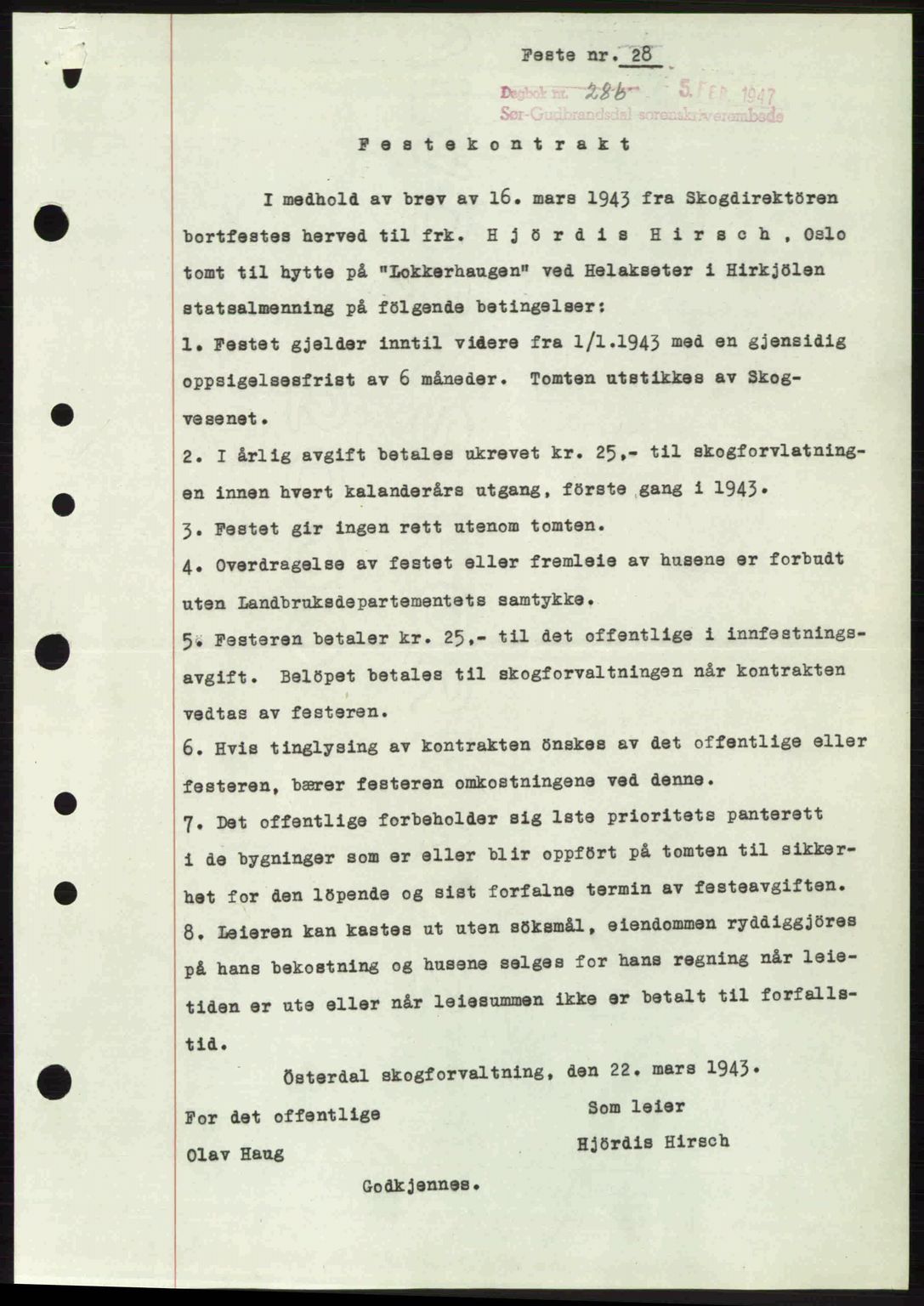 Sør-Gudbrandsdal tingrett, SAH/TING-004/H/Hb/Hbd/L0018: Pantebok nr. A18, 1947-1947, Dagboknr: 286/1947