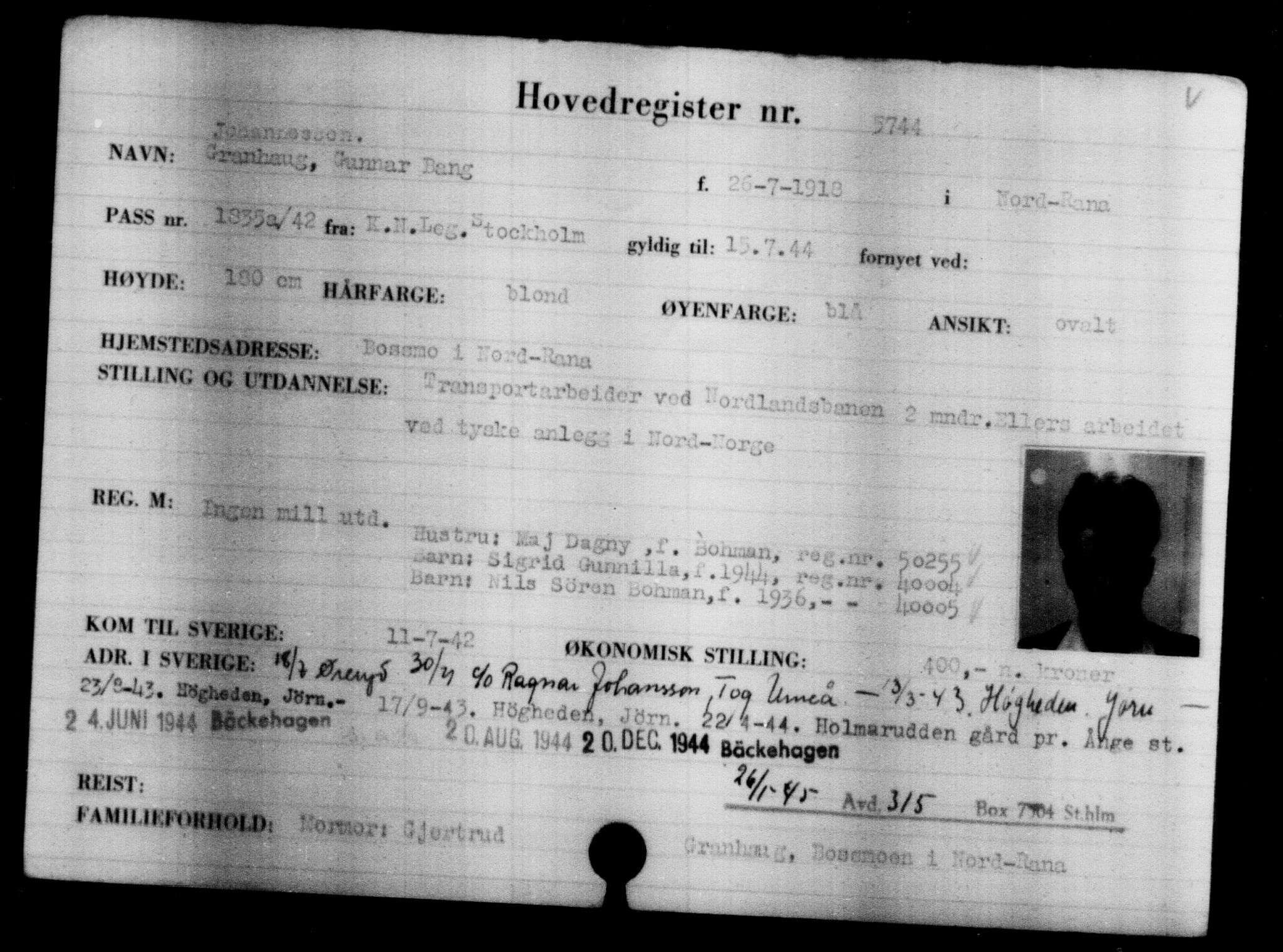 Utenriksstasjonene, Legasjonen i Stockholm, Flyktningkontoret, AV/RA-S-6753/V/Va/L0004: Kjesäterkartoteket, flyktninger med registreringsnr. 3496-6610, 1940-1945, s. 2607