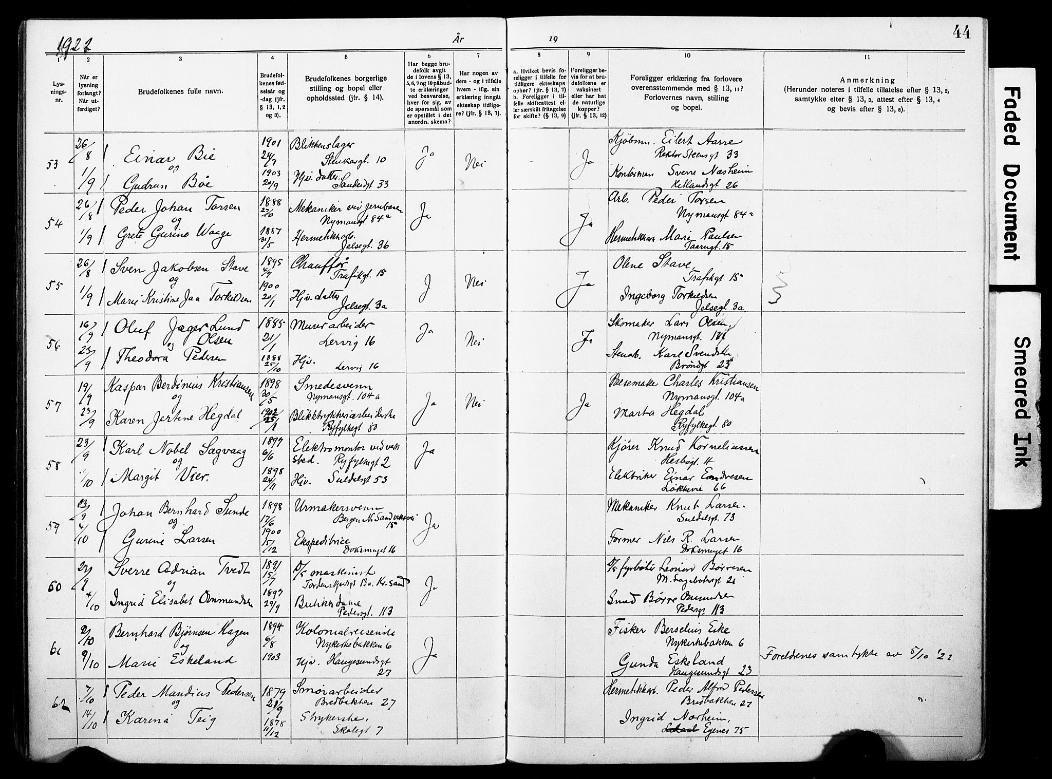 St. Johannes sokneprestkontor, AV/SAST-A-101814/001/70/705BA/L0004: Lysningsprotokoll nr. 4, 1919-1928, s. 44