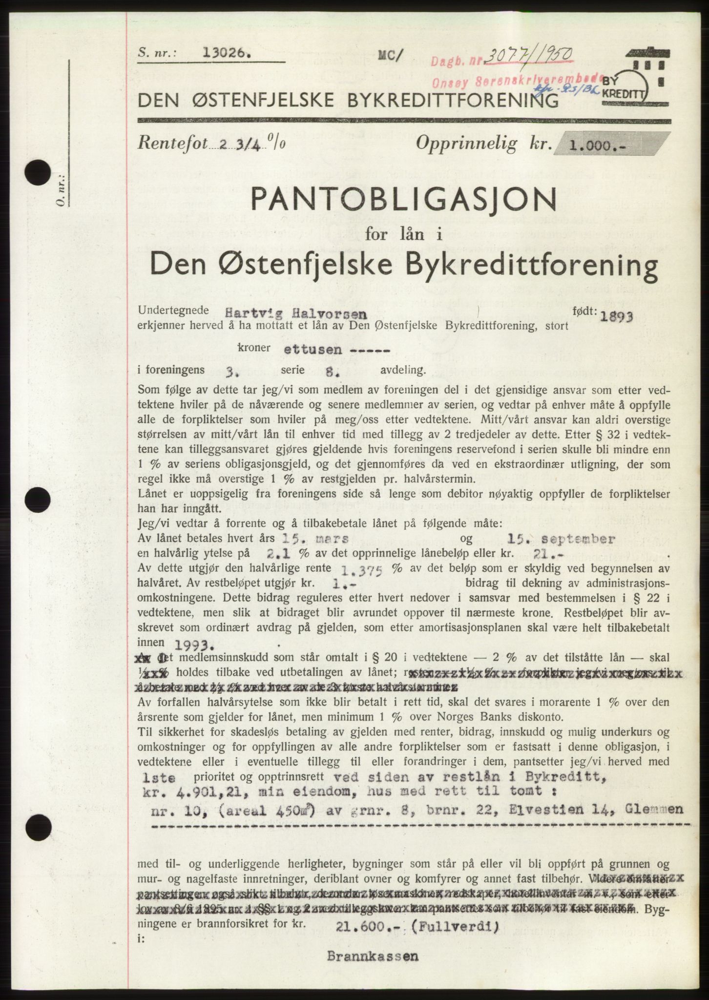 Onsøy sorenskriveri, SAO/A-10474/G/Ga/Gac/L0010: Pantebok nr. B 18-10, 1950-1950, Dagboknr: 3077/1950