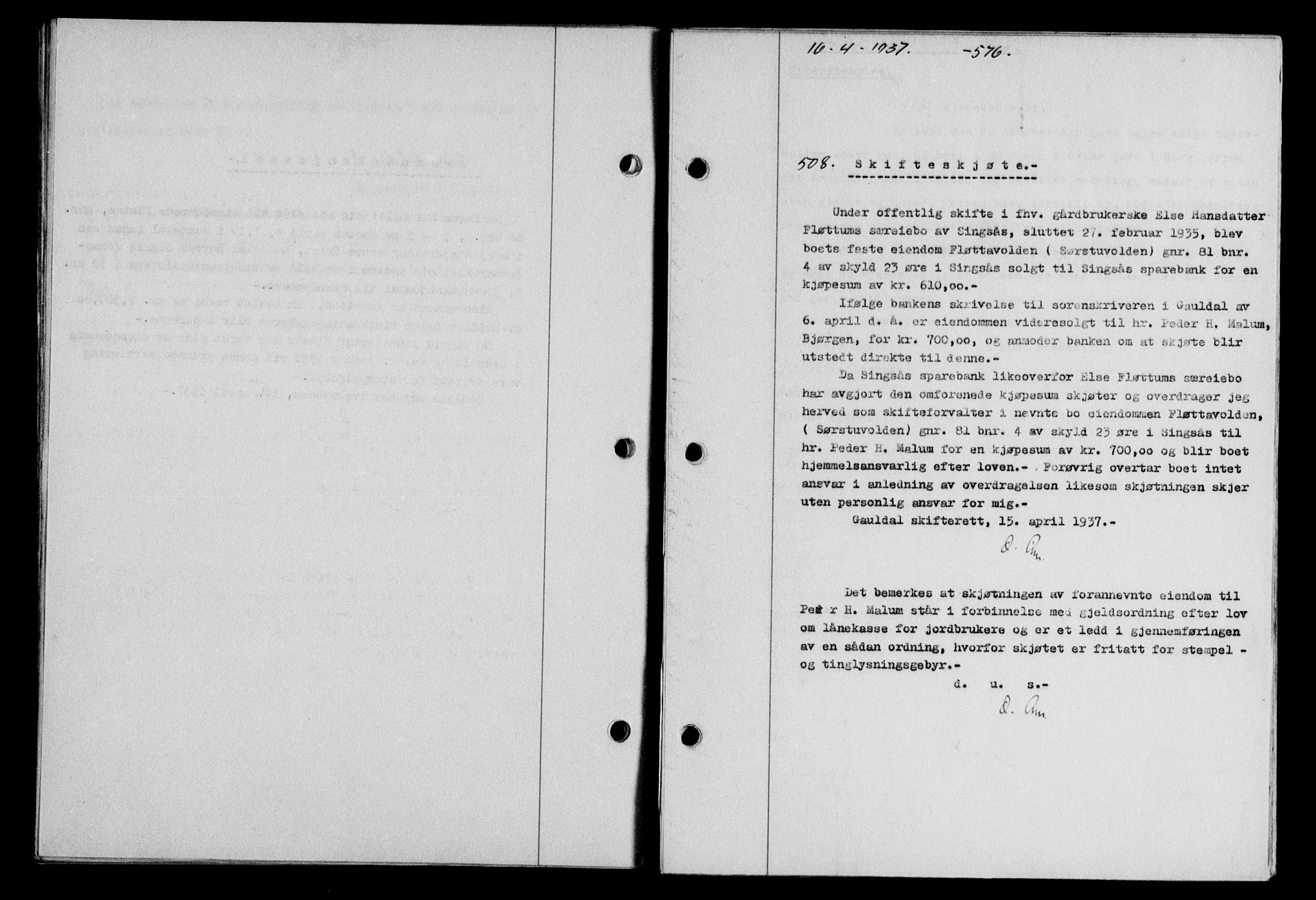 Gauldal sorenskriveri, SAT/A-0014/1/2/2C/L0047: Pantebok nr. 50-51, 1937-1937, Dagboknr: 508/1937