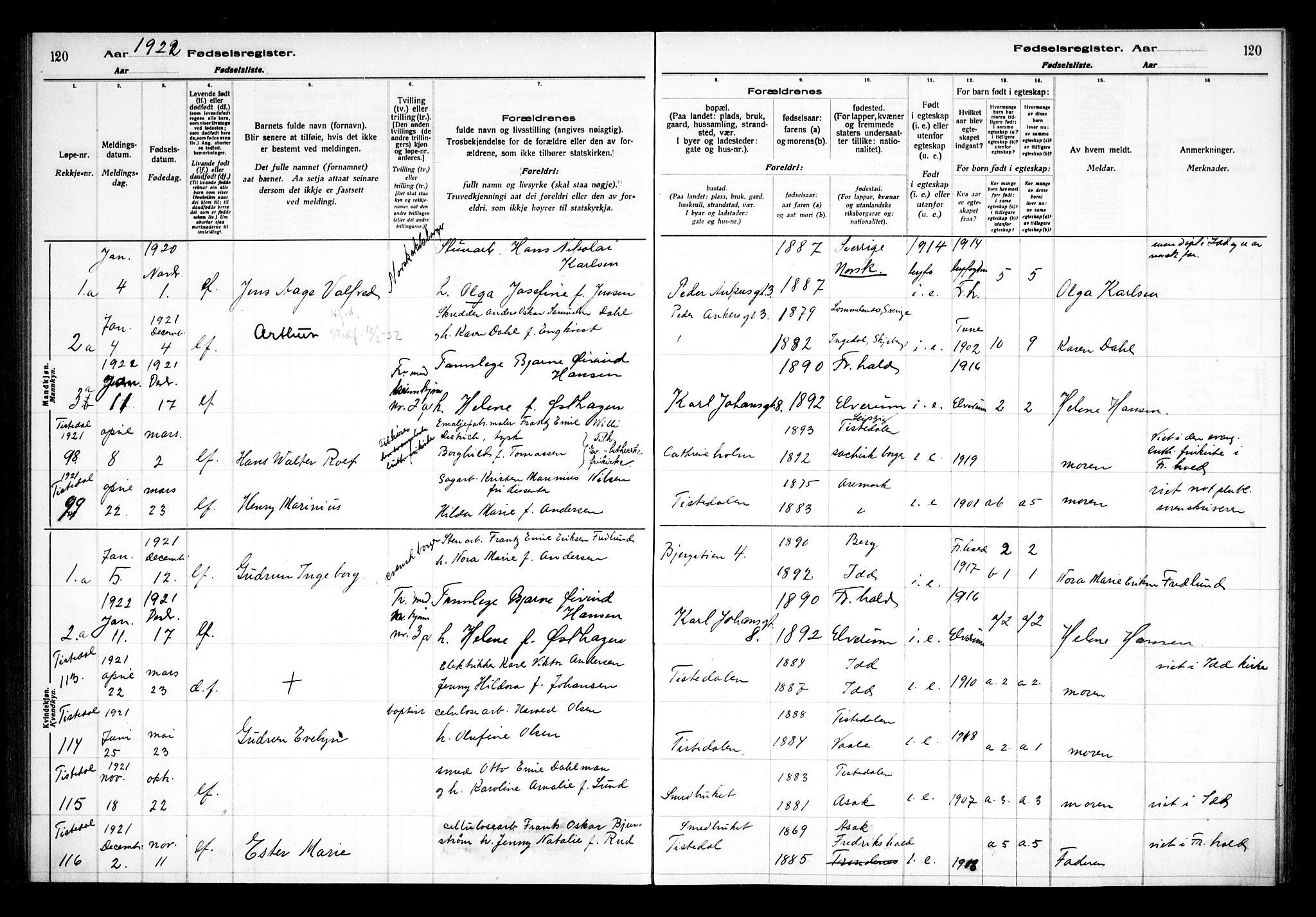 Halden prestekontor Kirkebøker, AV/SAO-A-10909/J/Ja/L0001: Fødselsregister nr. I 1, 1916-1925, s. 120