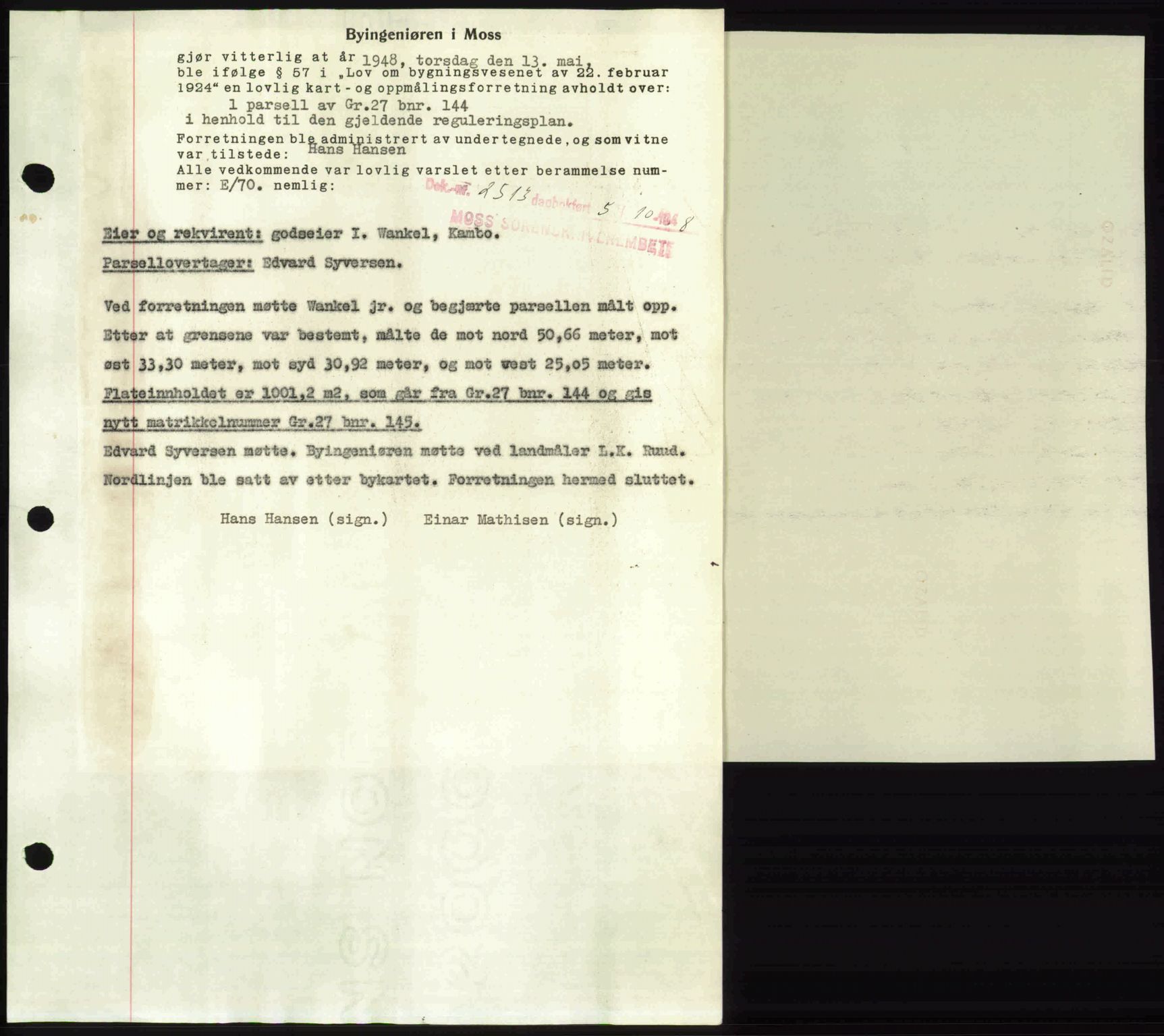 Moss sorenskriveri, SAO/A-10168: Pantebok nr. A20, 1948-1948, Dagboknr: 2513/1948