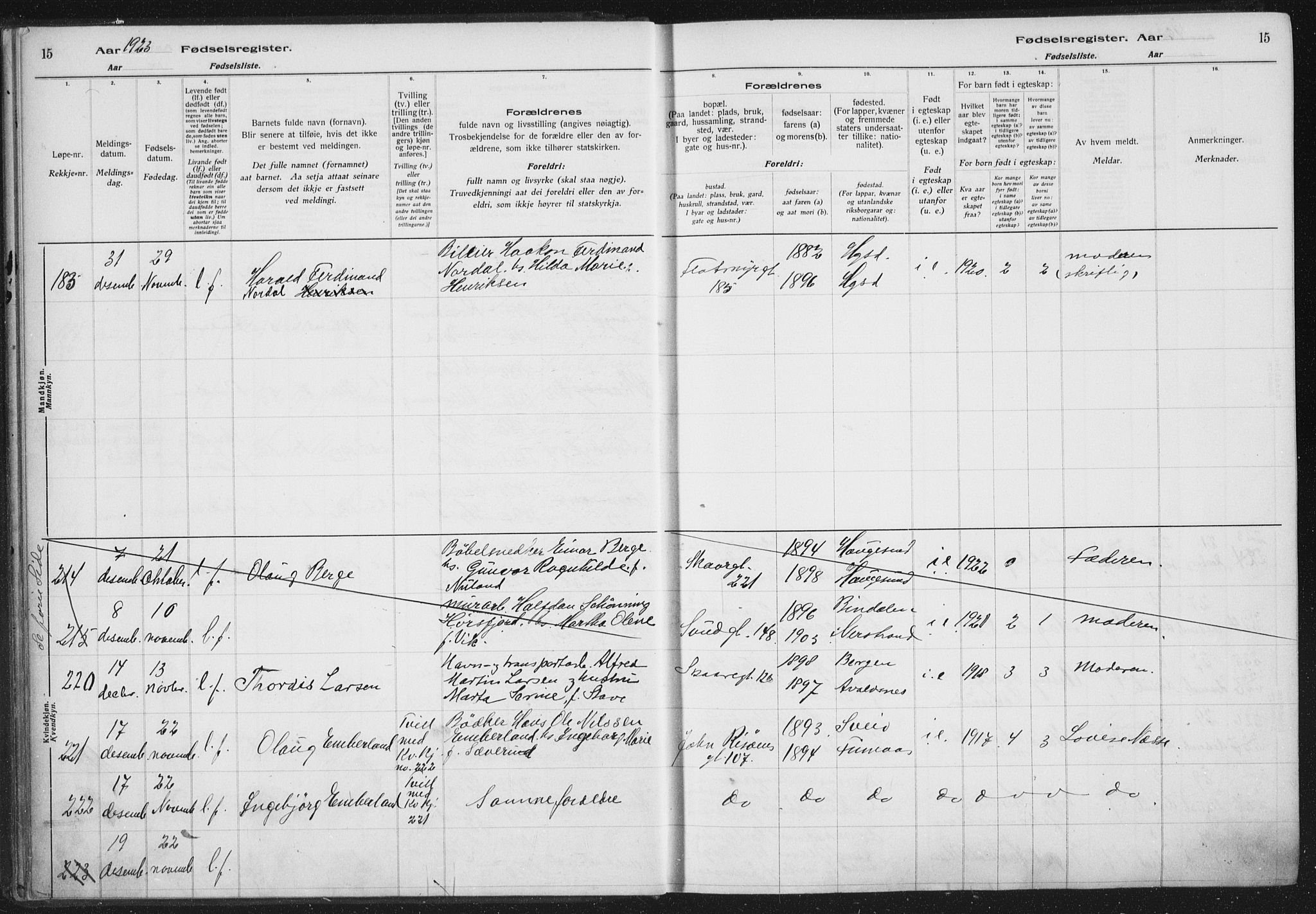 Haugesund sokneprestkontor, AV/SAST-A -101863/I/Id/L0005: Fødselsregister nr. 3, 1923-1929, s. 15