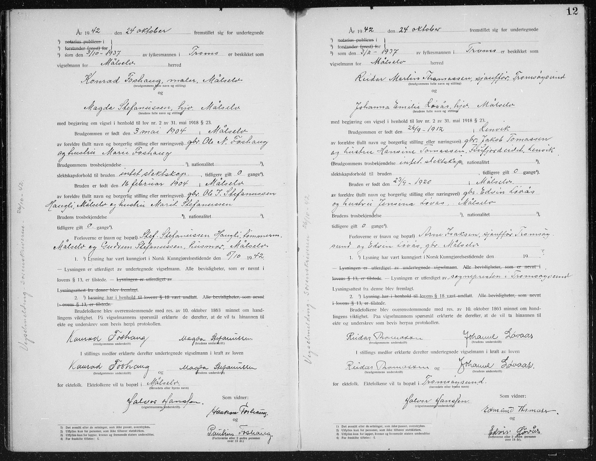 Målselv sokneprestembete, AV/SATØ-S-1311/I/Ie/L0046: Vigselsbok (dissentere) nr. 46, 1919-1942, s. 12
