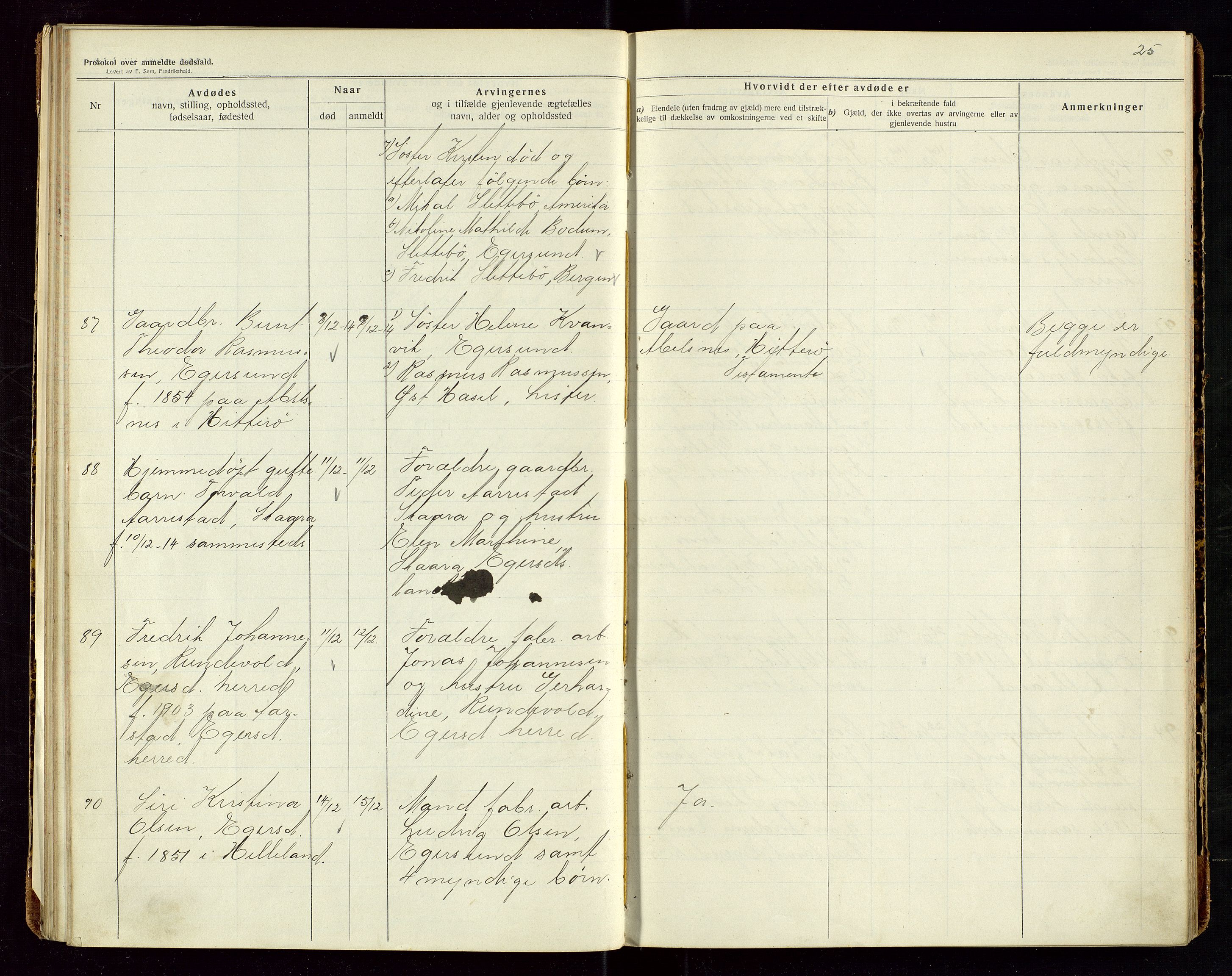 Eigersund lensmannskontor, SAST/A-100171/Gga/L0006: "Protokol over anmeldte dødsfald" m/alfabetisk navneregister, 1914-1917, s. 25