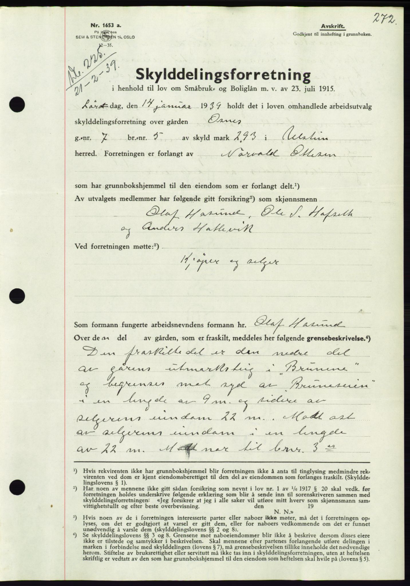 Søre Sunnmøre sorenskriveri, AV/SAT-A-4122/1/2/2C/L0067: Pantebok nr. 61, 1938-1939, Dagboknr: 225/1939