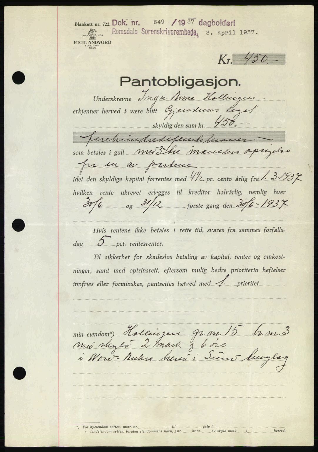 Romsdal sorenskriveri, SAT/A-4149/1/2/2C: Pantebok nr. B1, 1936-1939, Dagboknr: 649/1937