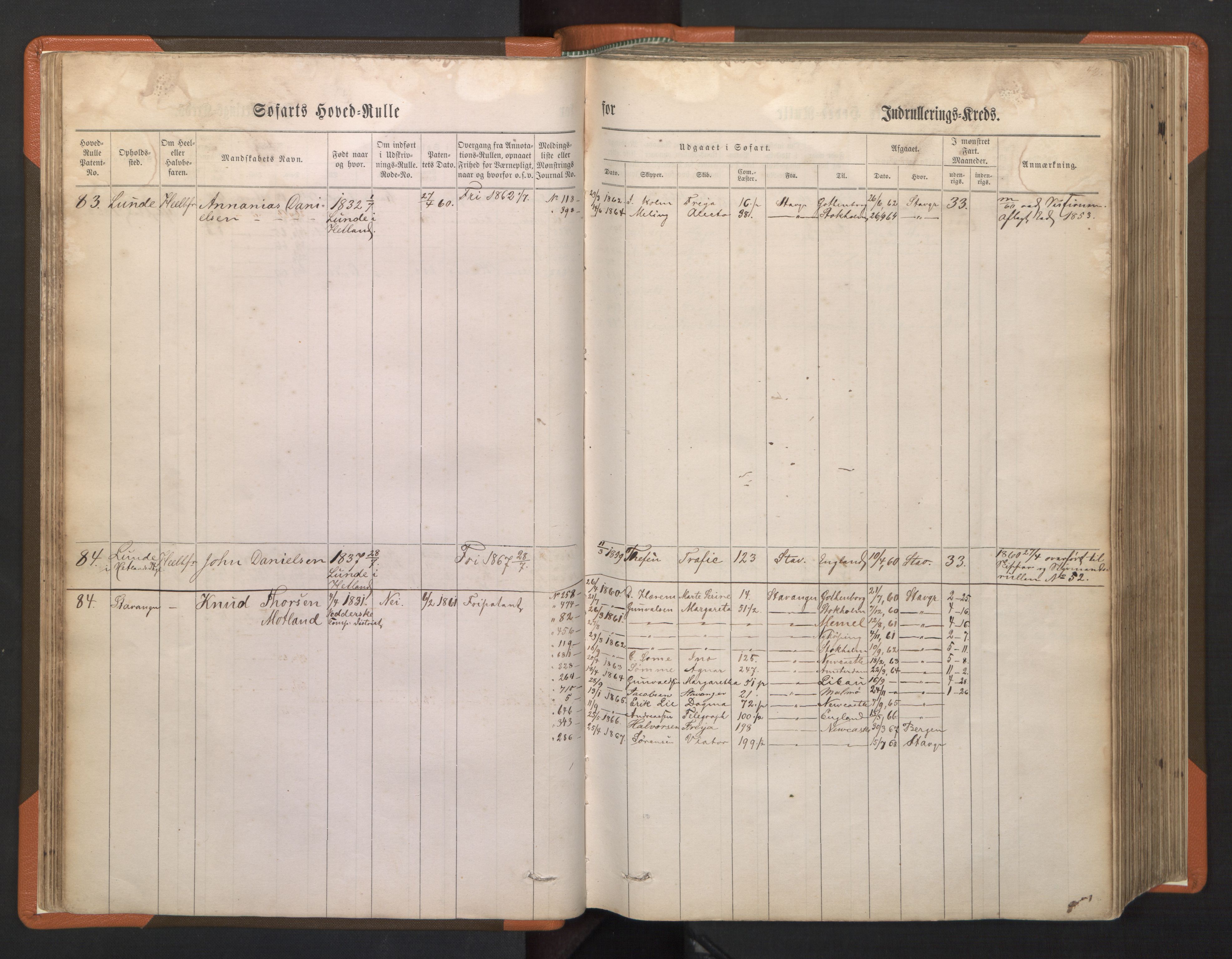 Stavanger sjømannskontor, AV/SAST-A-102006/F/Fb/Fbb/L0001: Sjøfartshovedrulle, patentnr. 1-720 (del 1), 1860-1863, s. 45