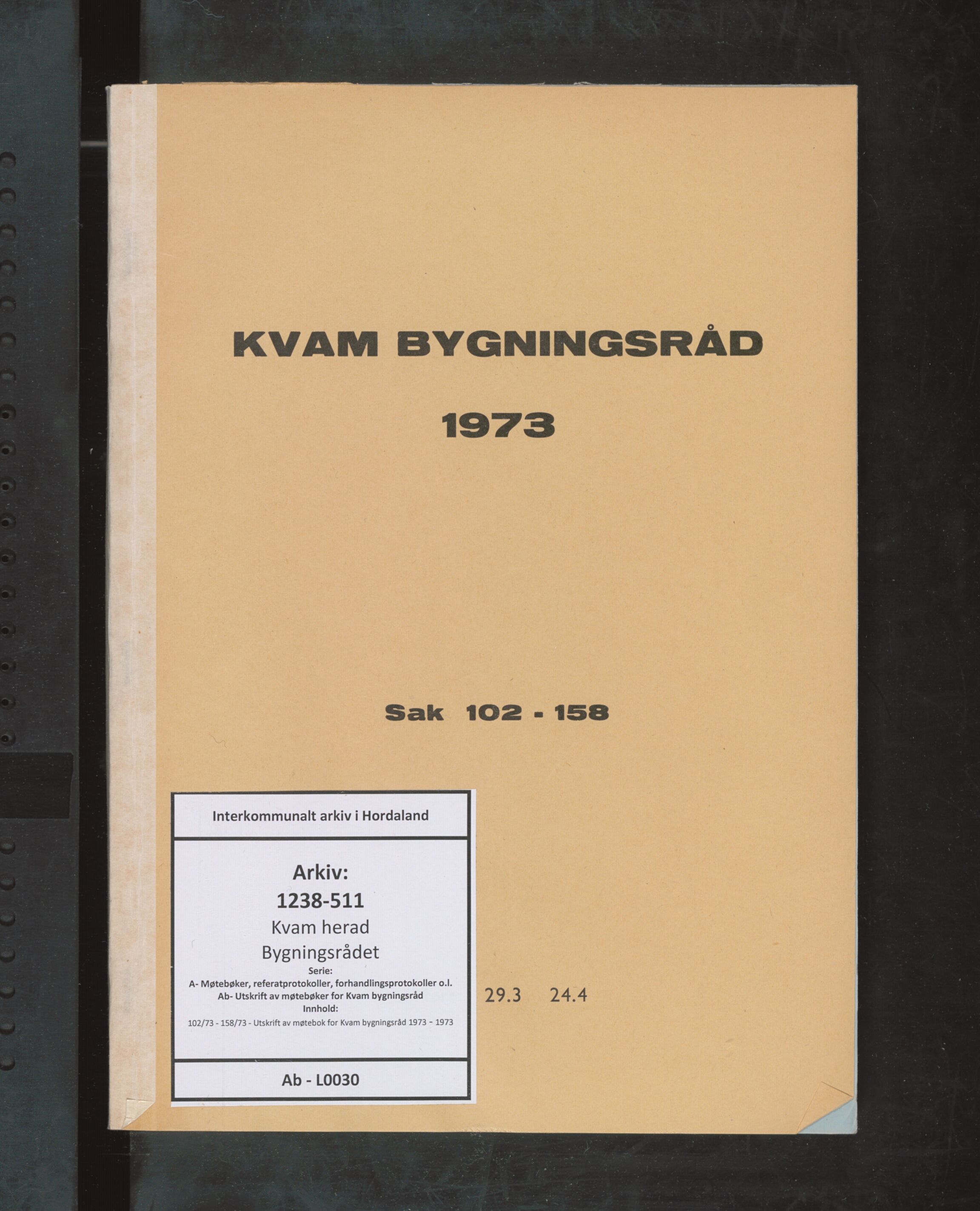 Kvam herad. Bygningsrådet, IKAH/1238-511/A/Ab/L0030: Utskrift av møtebok for Kvam bygningsråd, 1973