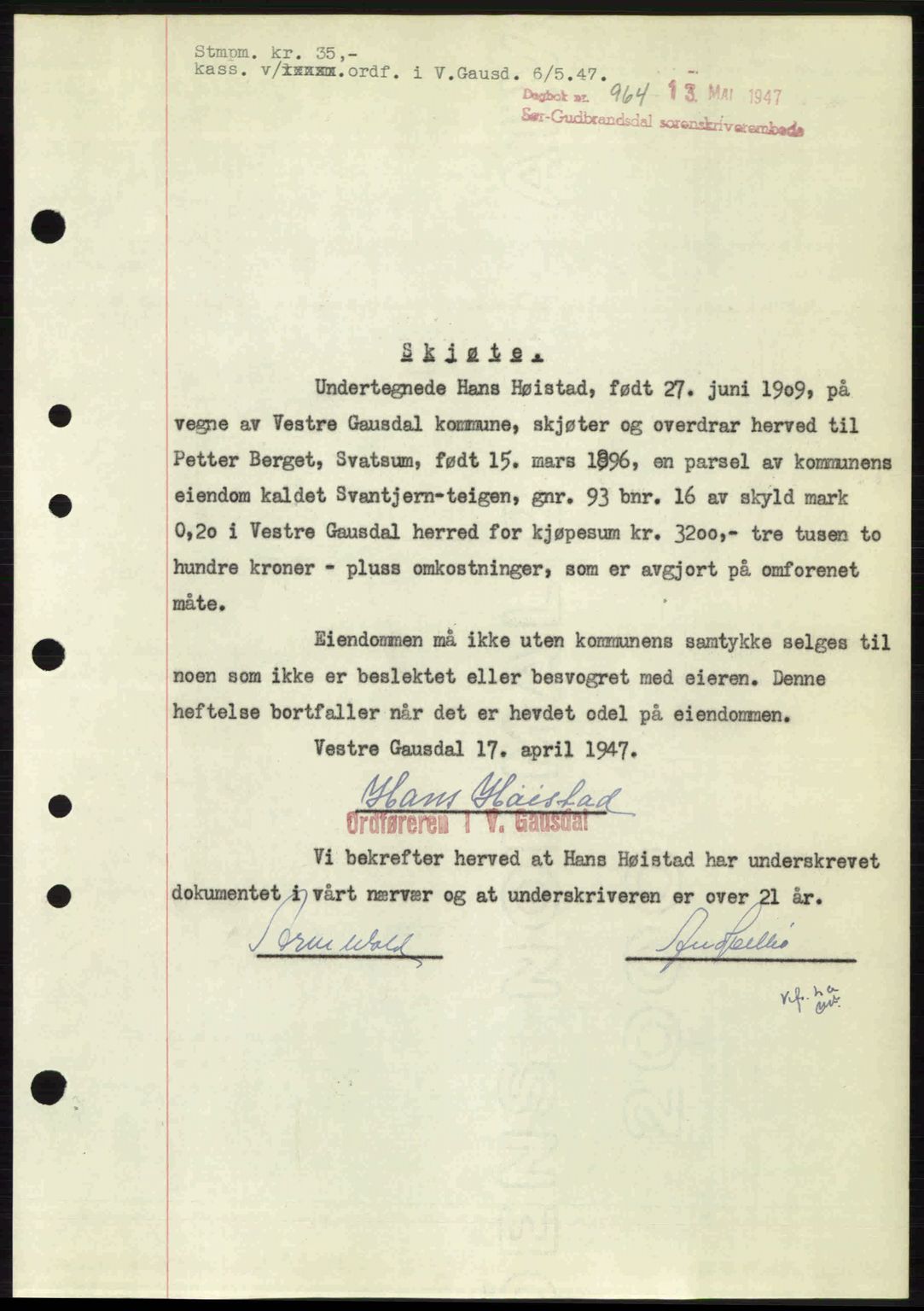Sør-Gudbrandsdal tingrett, SAH/TING-004/H/Hb/Hbd/L0018: Pantebok nr. A18, 1947-1947, Dagboknr: 964/1947