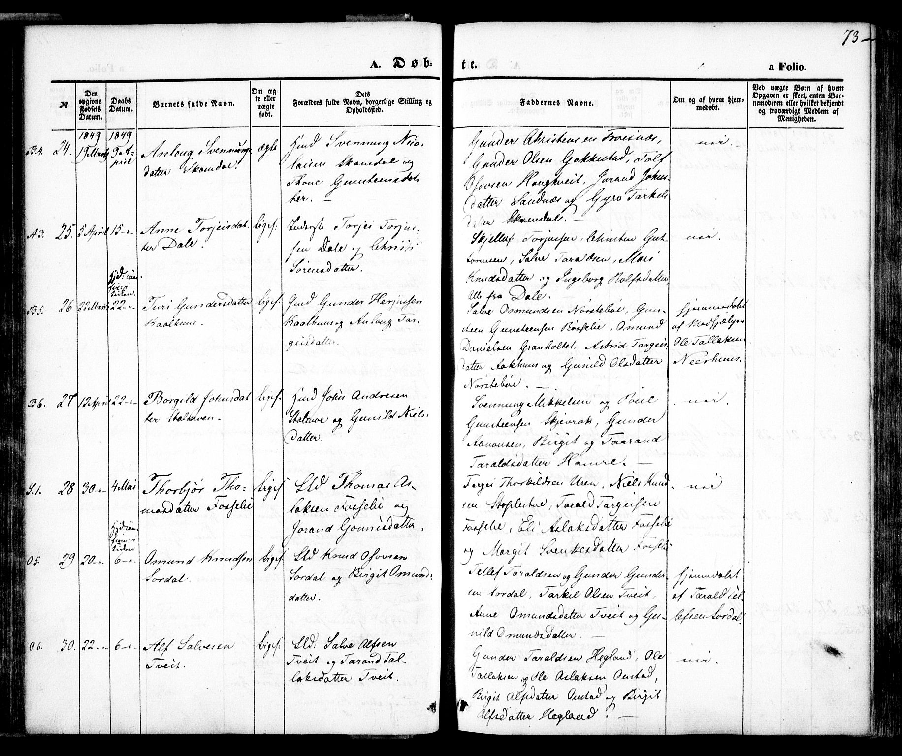 Bygland sokneprestkontor, AV/SAK-1111-0006/F/Fa/Fab/L0004: Ministerialbok nr. A 4, 1842-1858, s. 73
