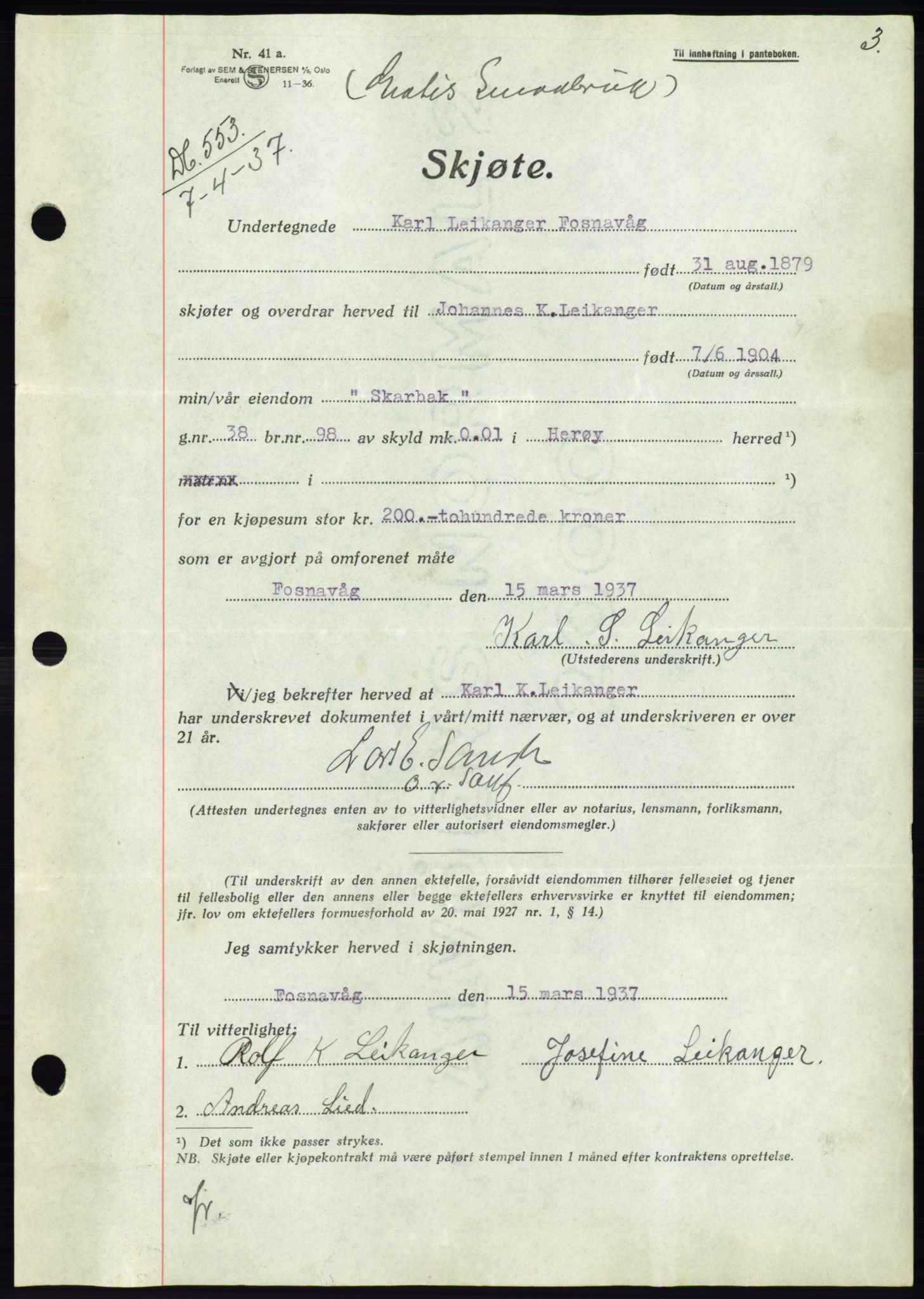 Søre Sunnmøre sorenskriveri, AV/SAT-A-4122/1/2/2C/L0063: Pantebok nr. 57, 1937-1937, Dagboknr: 553/1937