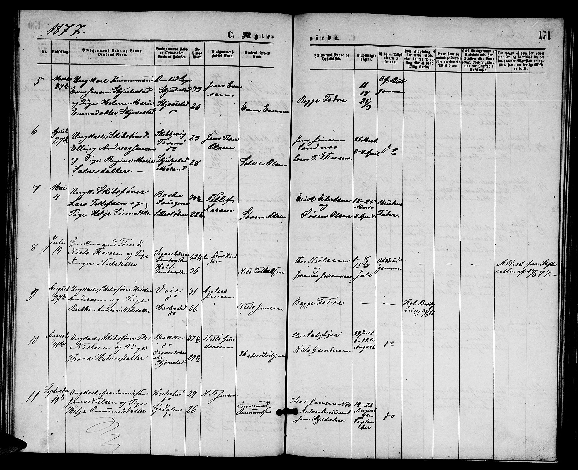 Austre Moland sokneprestkontor, AV/SAK-1111-0001/F/Fb/Fba/L0002: Klokkerbok nr. B 2, 1869-1879, s. 171