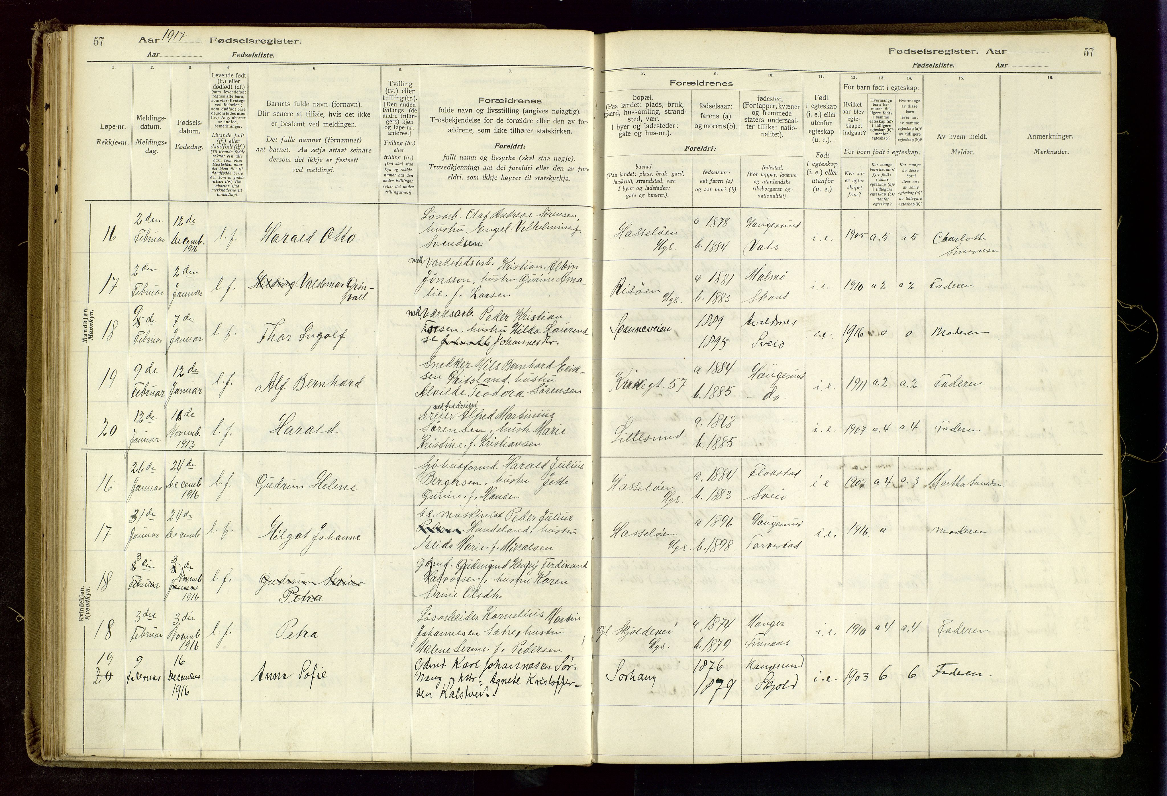 Haugesund sokneprestkontor, AV/SAST-A -101863/I/Id/L0003: Fødselsregister nr. 1, 1916-1919, s. 57