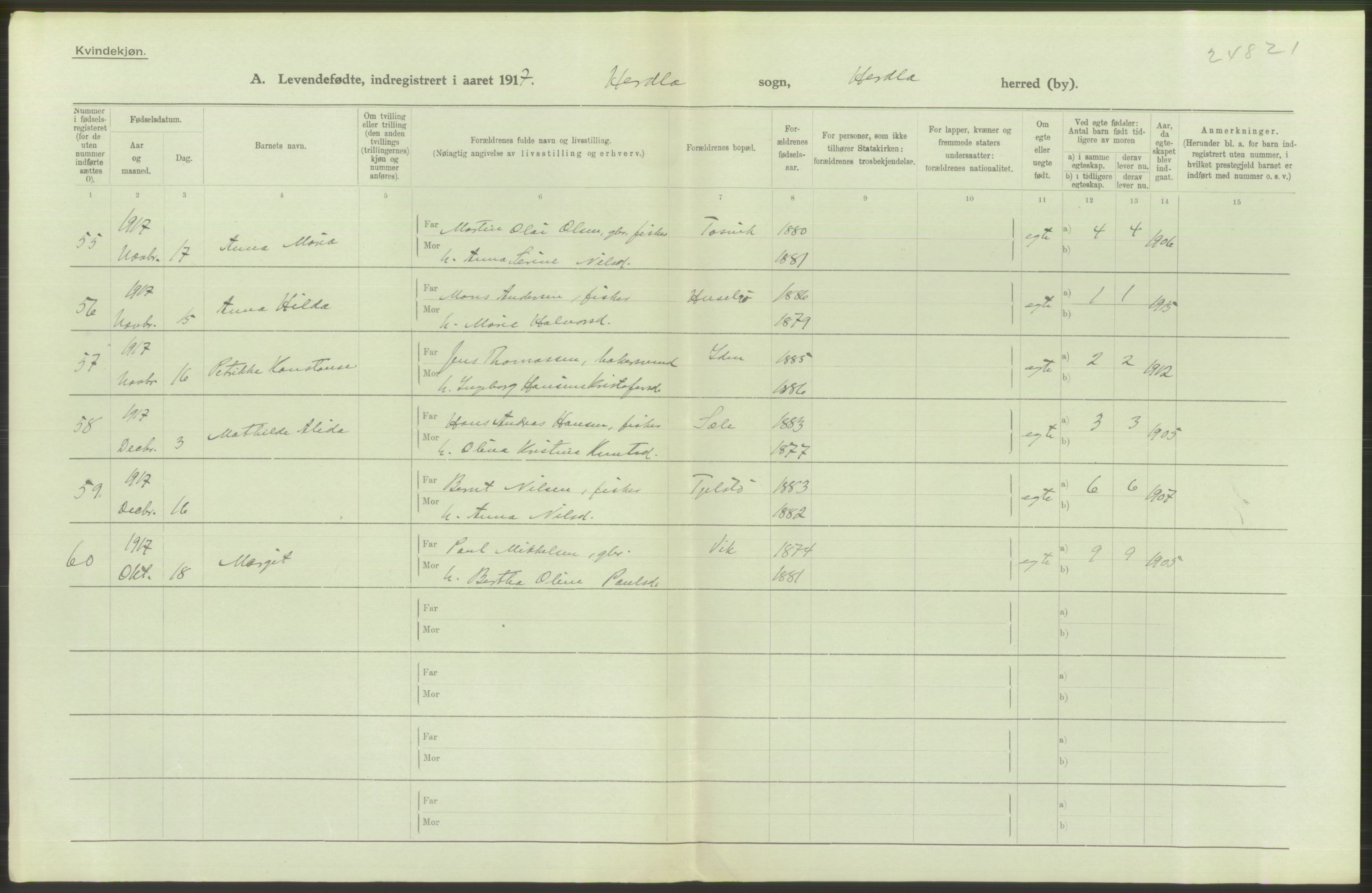 Statistisk sentralbyrå, Sosiodemografiske emner, Befolkning, RA/S-2228/D/Df/Dfb/Dfbg/L0034: S. Bergenhus amt: Levendefødte menn og kvinner. Bygder., 1917, s. 140