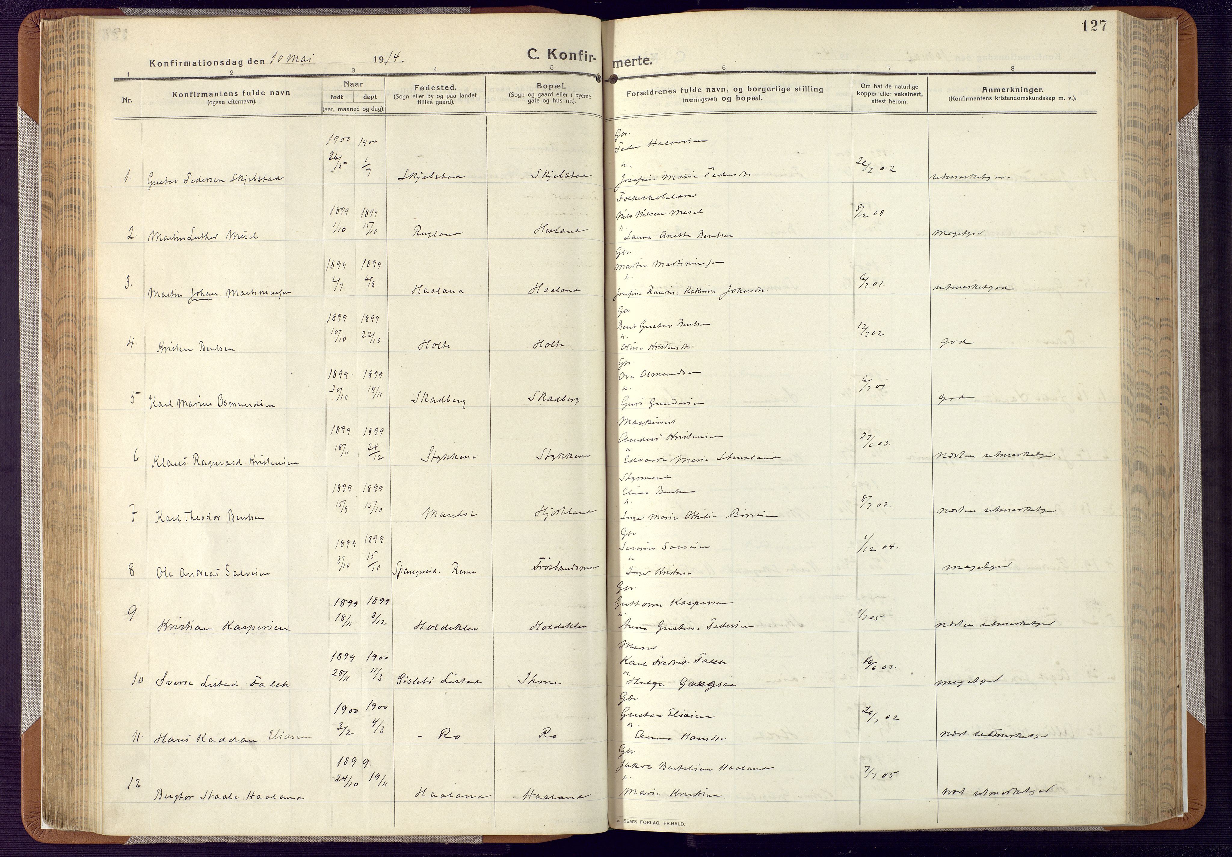 Mandal sokneprestkontor, SAK/1111-0030/F/Fa/Faa/L0022: Ministerialbok nr. A 22, 1913-1925, s. 127