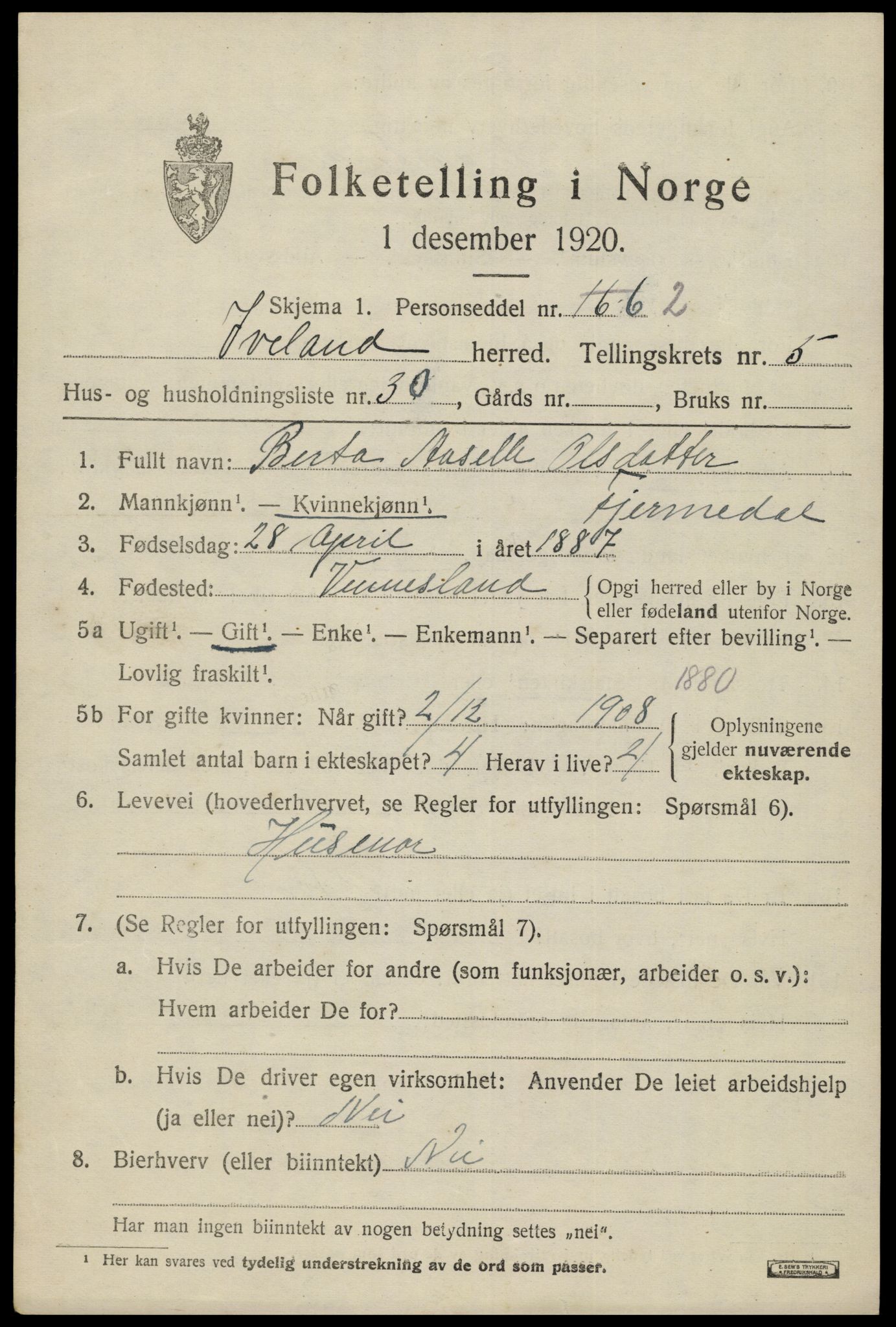 SAK, Folketelling 1920 for 0935 Iveland herred, 1920, s. 1917