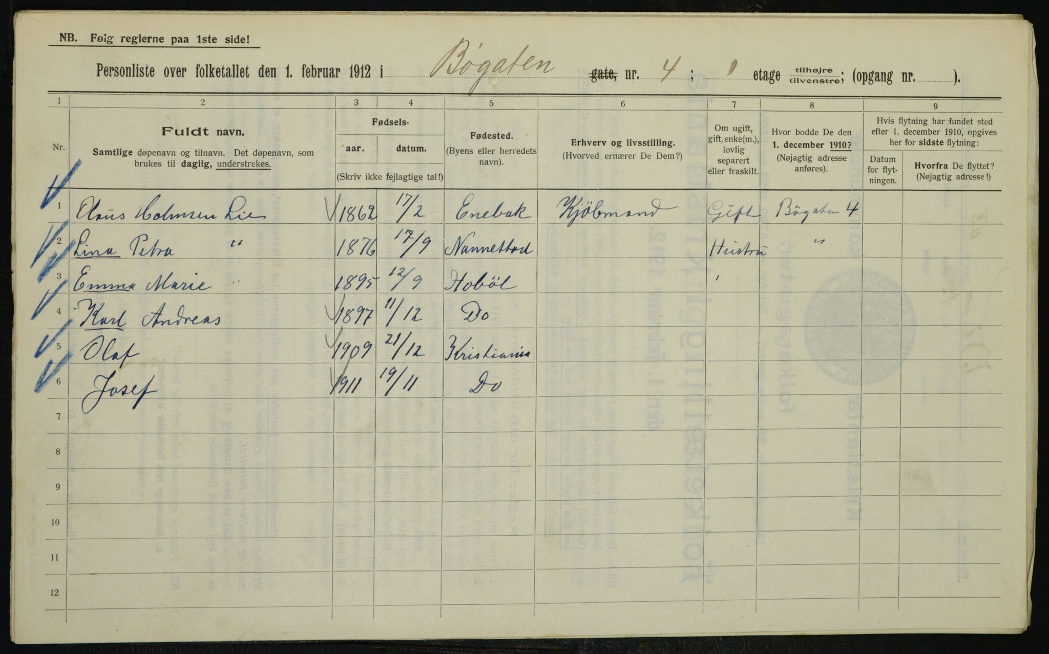 OBA, Kommunal folketelling 1.2.1912 for Kristiania, 1912, s. 11001