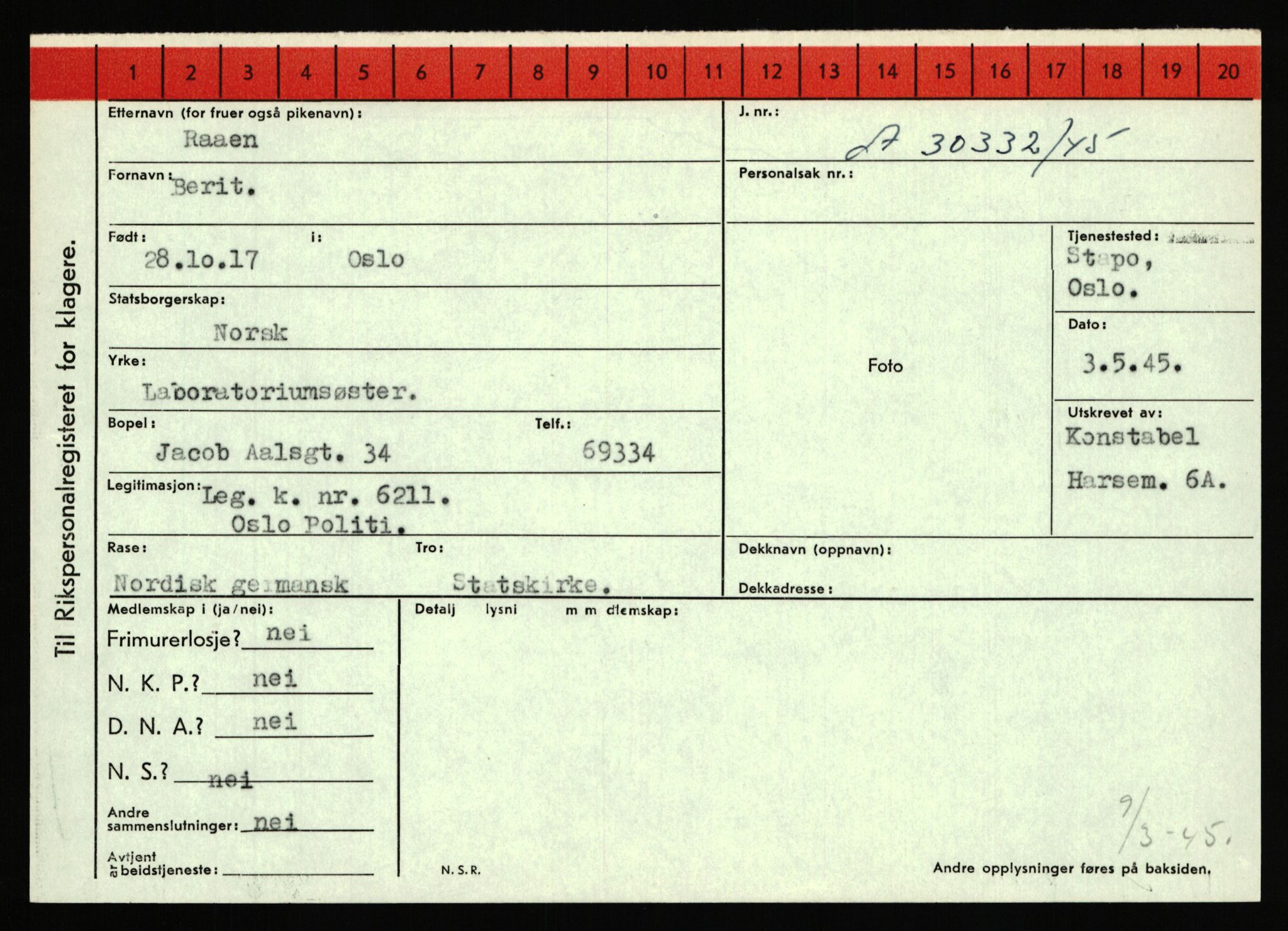 Statspolitiet - Hovedkontoret / Osloavdelingen, AV/RA-S-1329/C/Ca/L0013: Raa - Servold, 1943-1945, s. 32