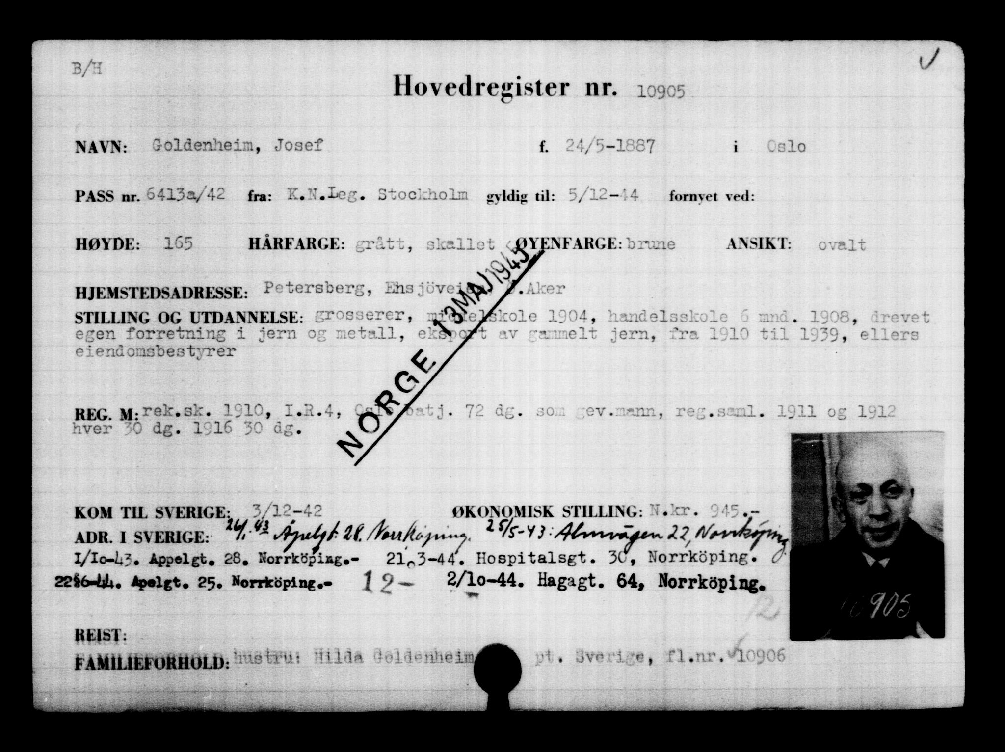 Utenriksstasjonene, Legasjonen i Stockholm, Flyktningkontoret, AV/RA-S-6753/V/Va/L0006: Kjesäterkartoteket, flyktninger med registreringsnr. 9400-12711, 1940-1945, s. 1724