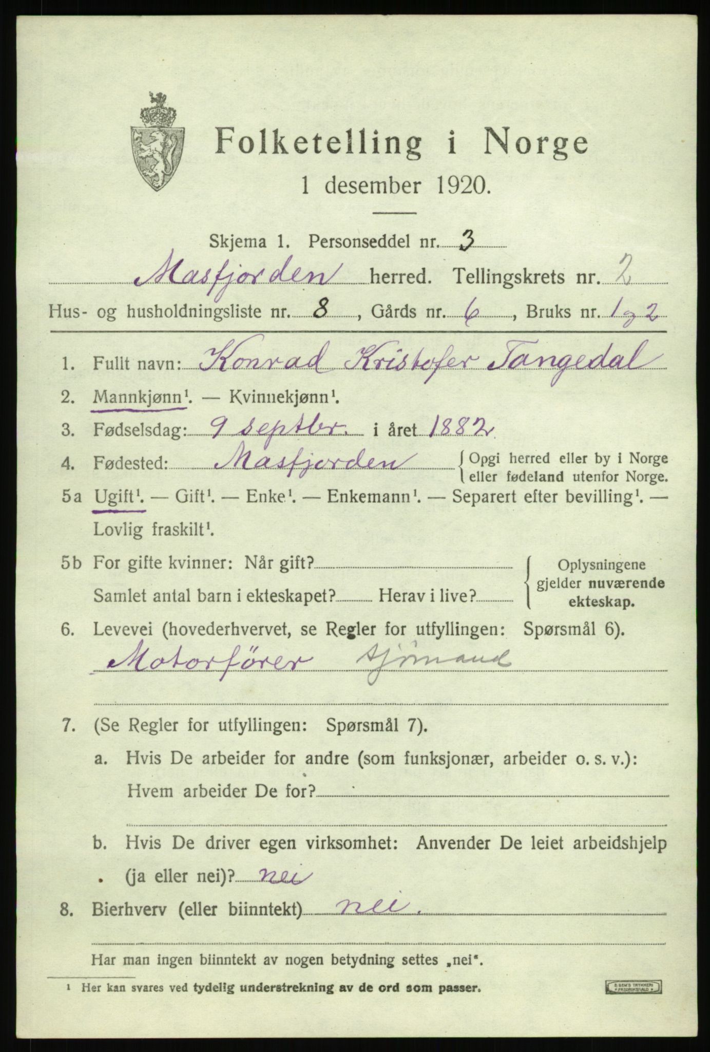 SAB, Folketelling 1920 for 1266 Masfjorden herred, 1920, s. 1129