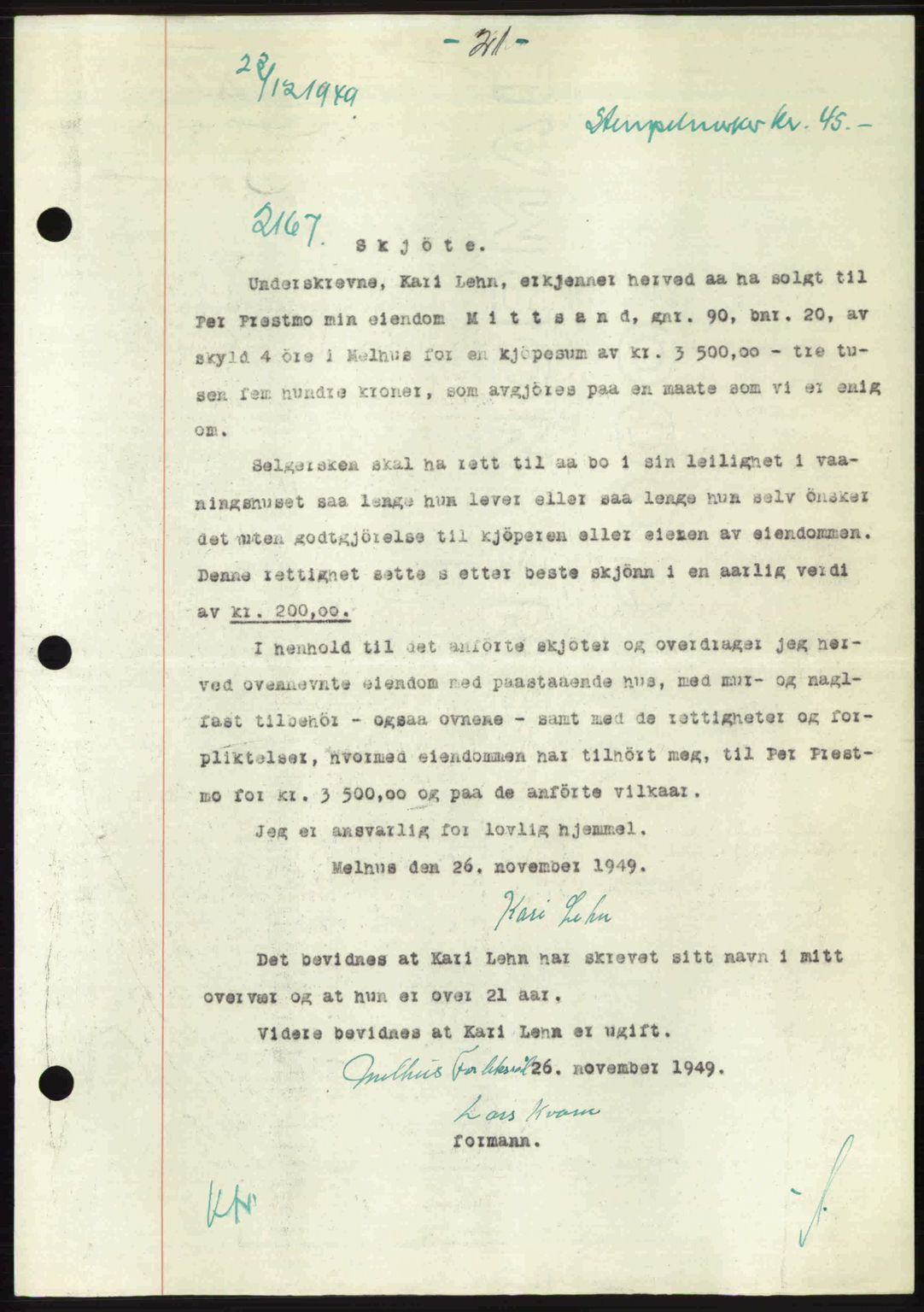 Gauldal sorenskriveri, SAT/A-0014/1/2/2C: Pantebok nr. A9, 1949-1950, Dagboknr: 2167/1949