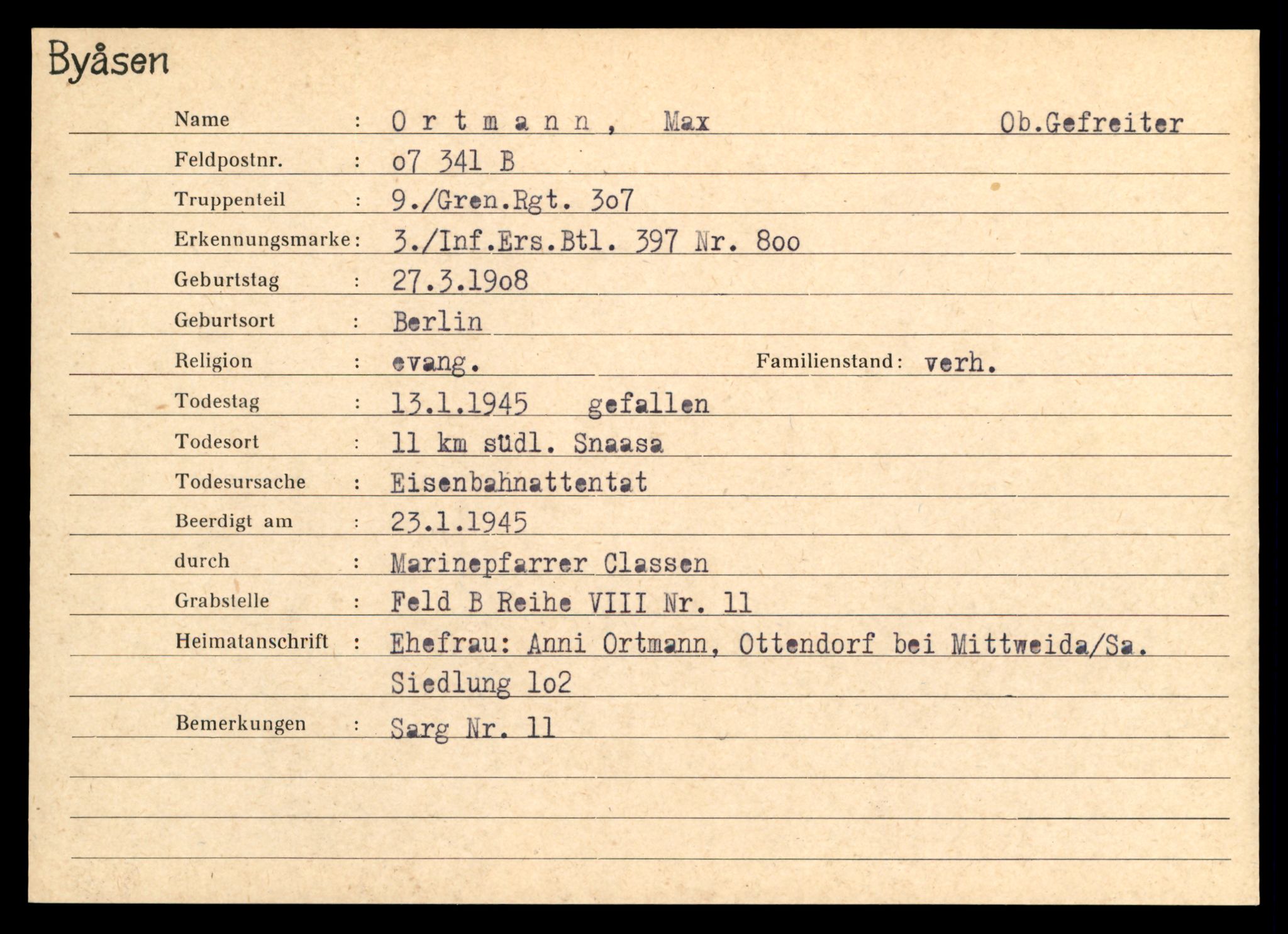 Distriktskontoret for krigsgraver, AV/SAT-A-5030/E/L0004: Kasett/kartotek over tysk Krigskirkegård på Byåsen, 1945, s. 1251