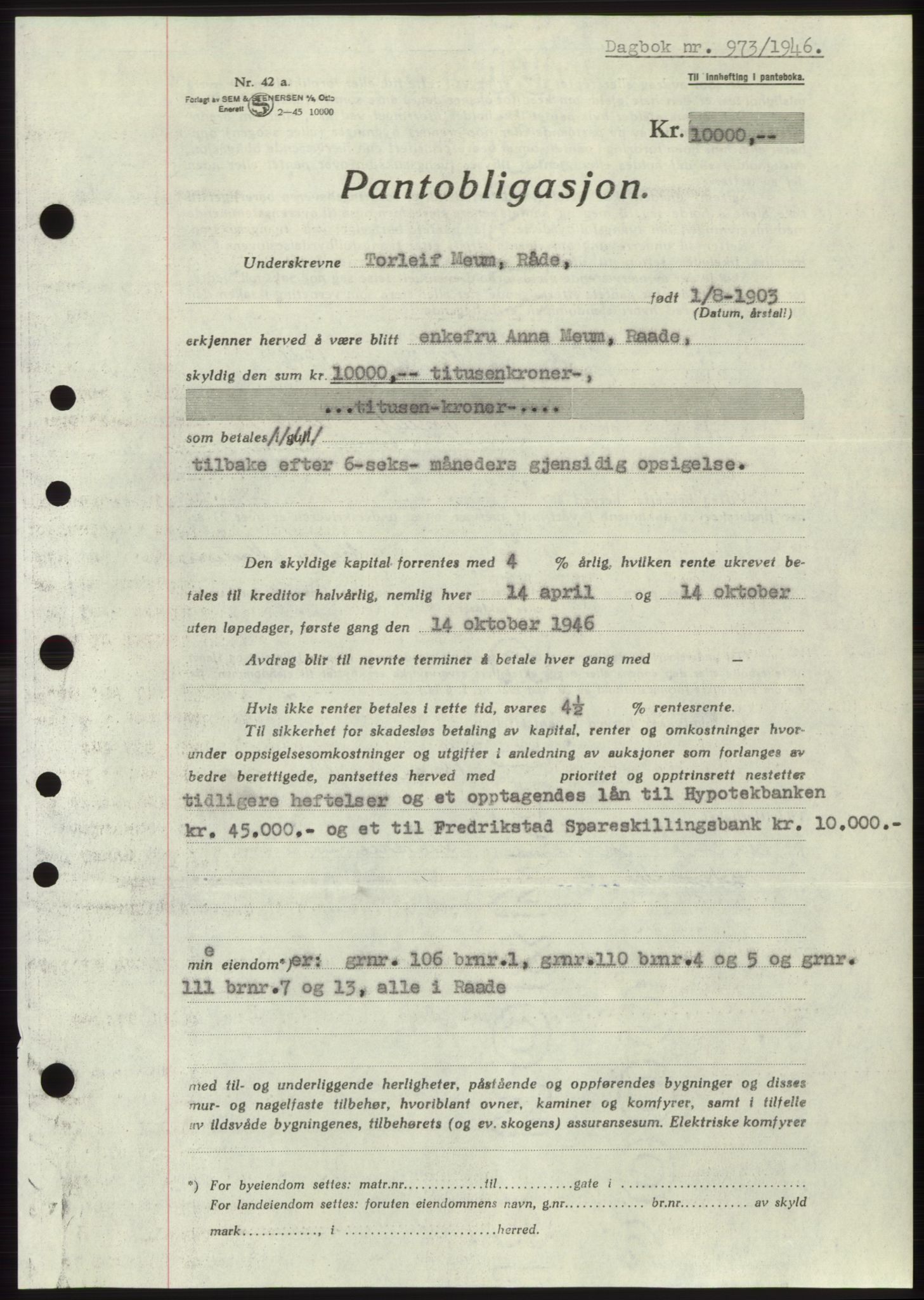 Moss sorenskriveri, SAO/A-10168: Pantebok nr. B15, 1946-1946, Dagboknr: 973/1946