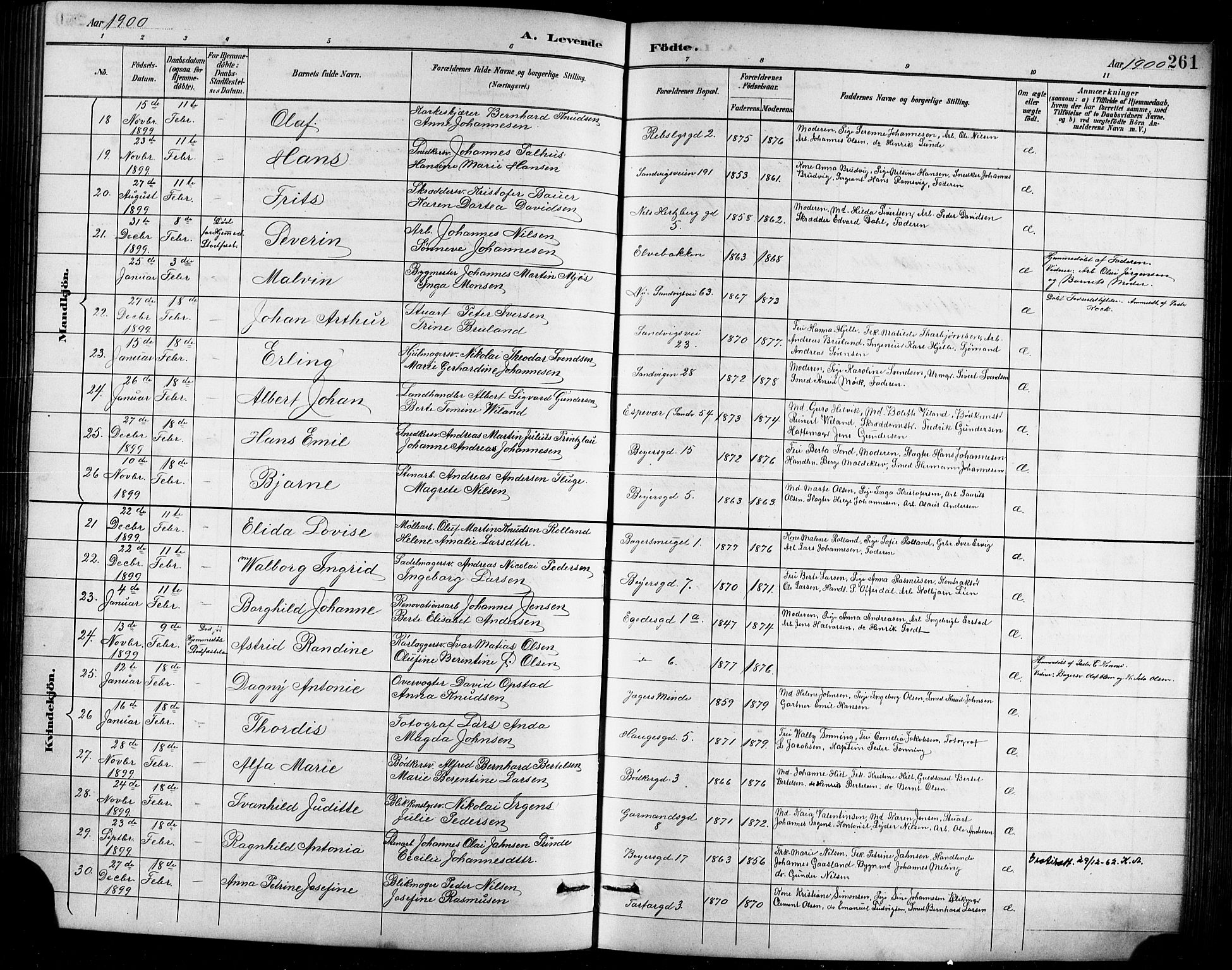 Sandviken Sokneprestembete, AV/SAB-A-77601/H/Hb/L0002: Klokkerbok nr. A 3, 1888-1902, s. 261