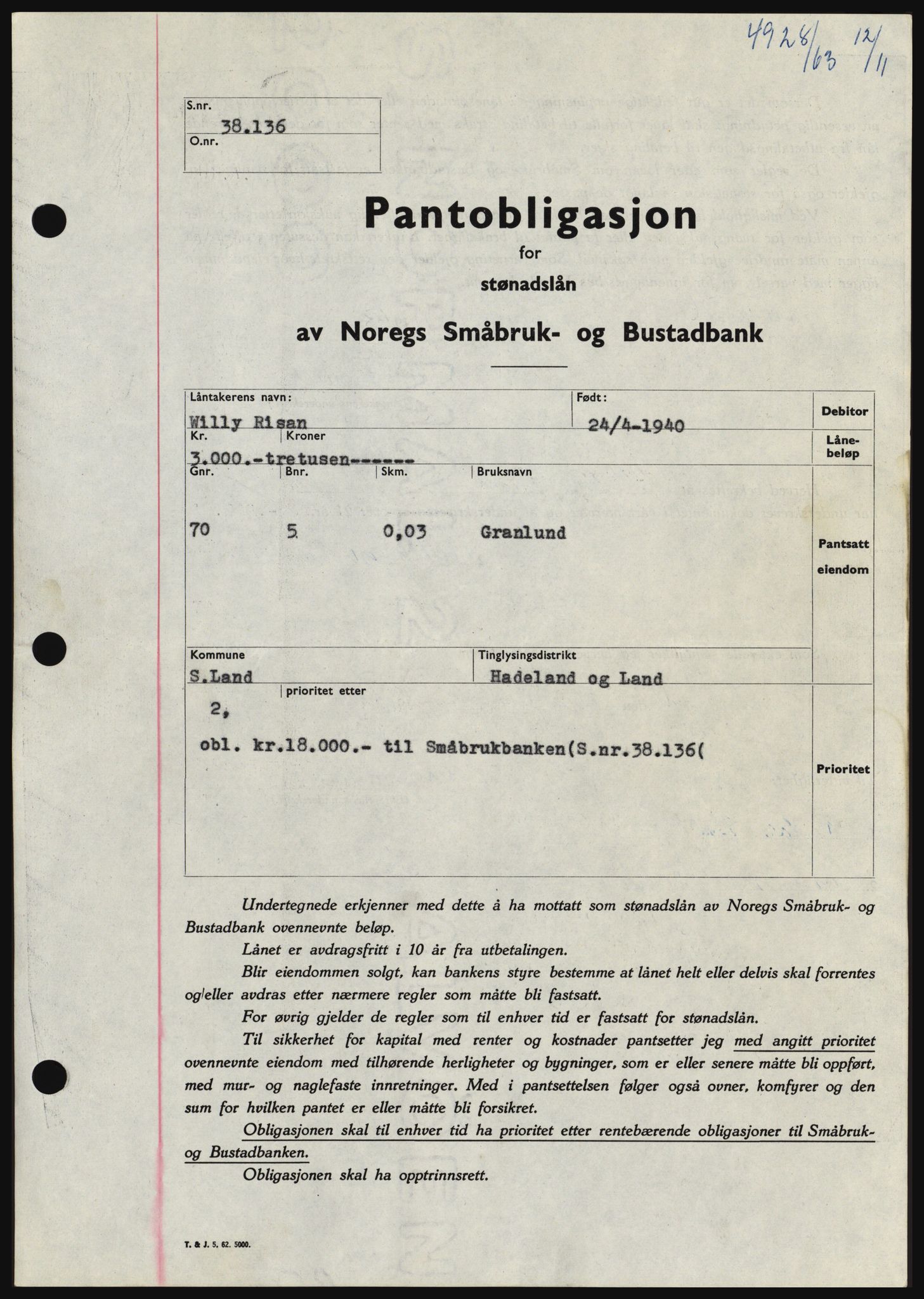 Hadeland og Land tingrett, SAH/TING-010/H/Hb/Hbc/L0053: Pantebok nr. B53, 1963-1964, Dagboknr: 4928/1963